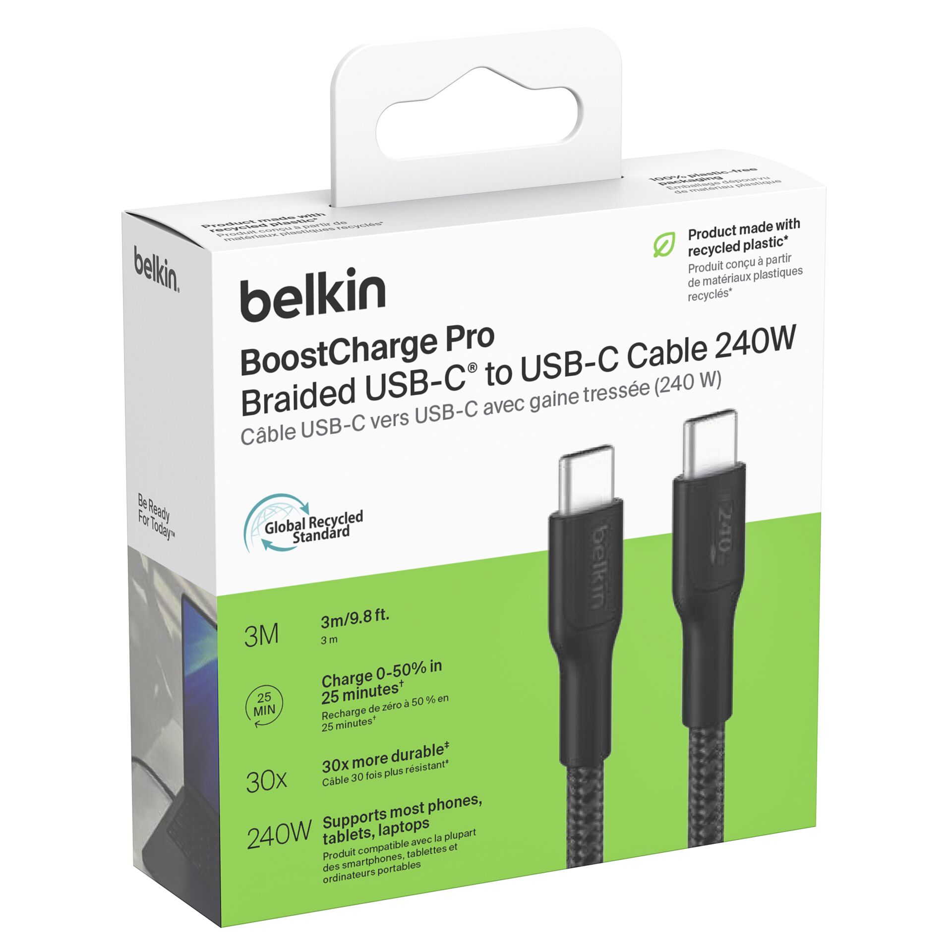 USB-C zu USB-C Kabel, Geflochten, 240W, 3 m, Belkin