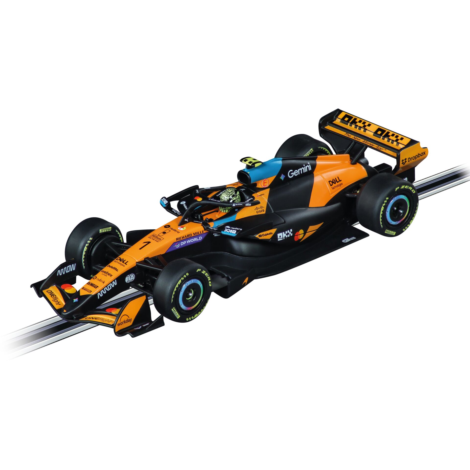 Formel-1-Auto, Slotcar, orange-schwarz, Rennwagen, Schienenfahrzeug