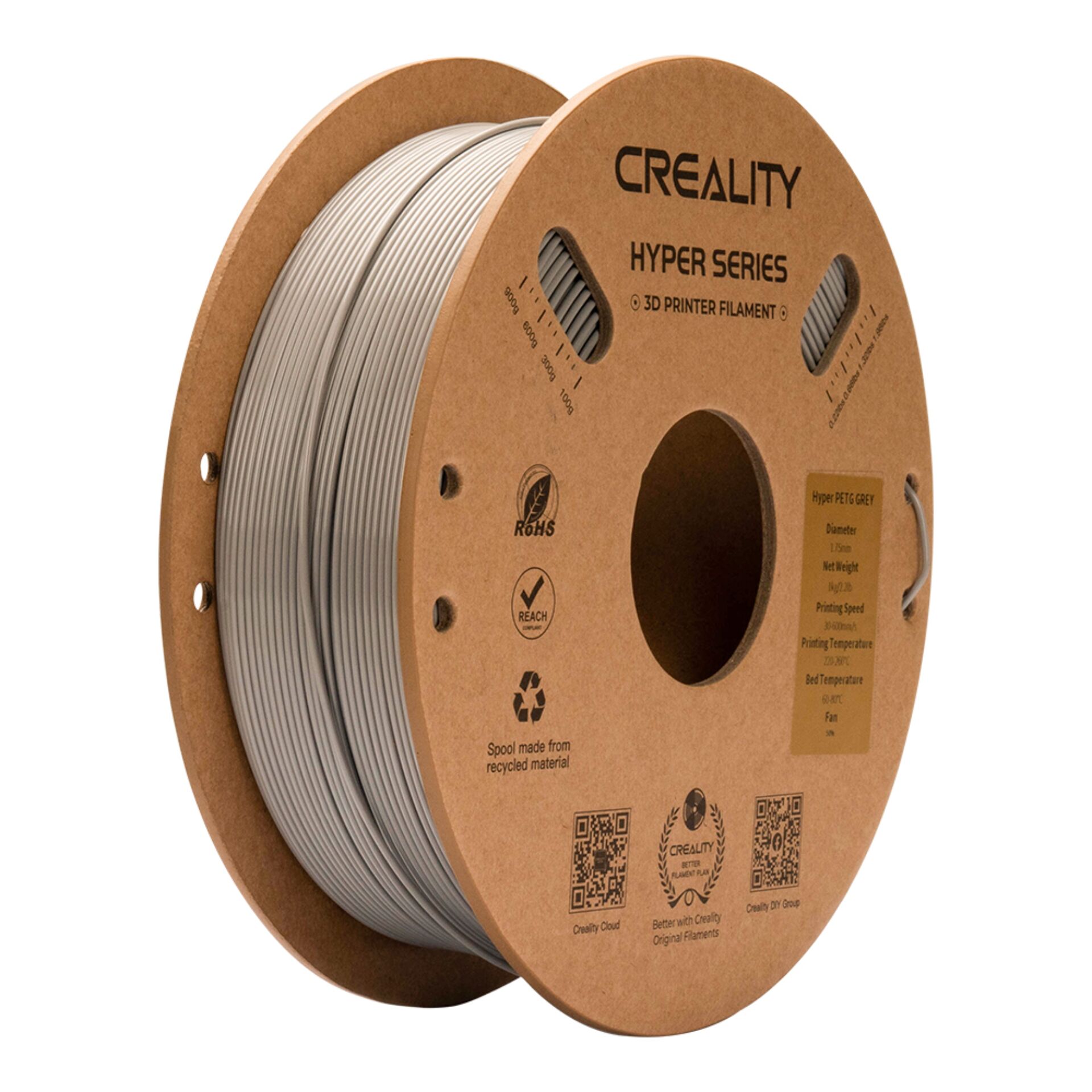 3D-Druck-Filament, PLA-Filament, Spule, Grau, RoHS, 3D‑Druck Filament, PLA Filament, Grau Filament, Spule, Creality Hyper Series