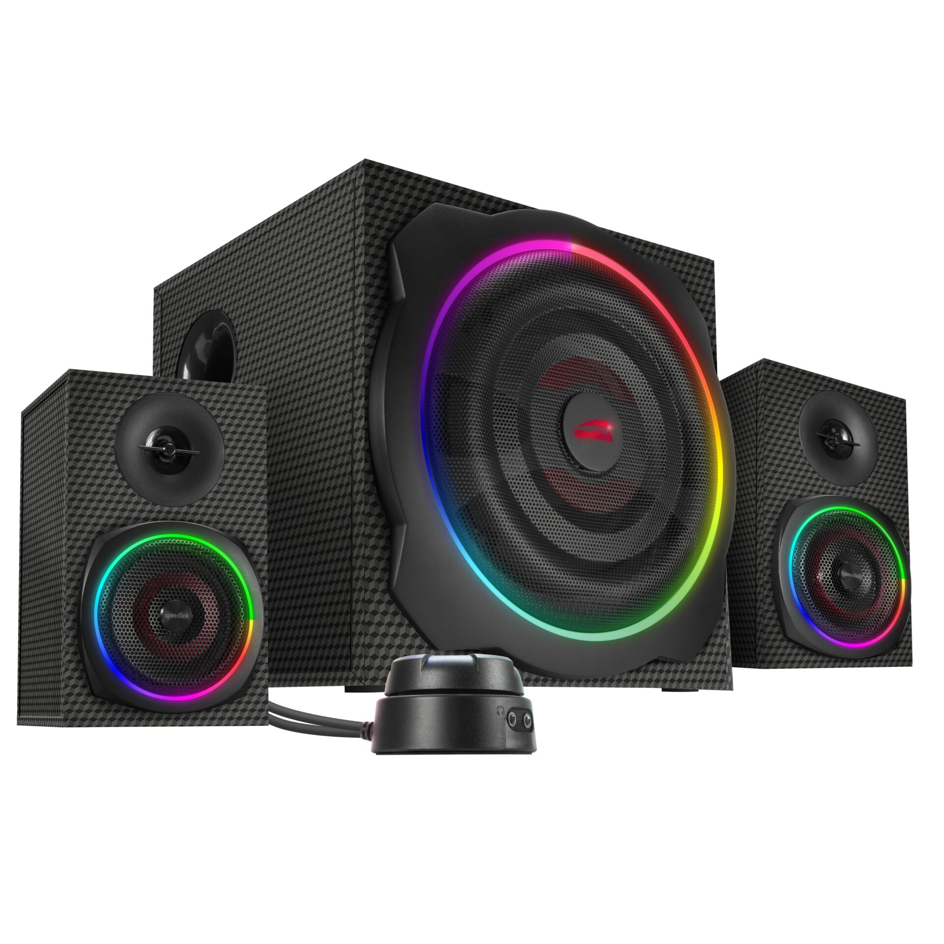 computer_speakers, pc_speakers, RGB_lighting, 5.1_speaker_system, wireless_control_pad