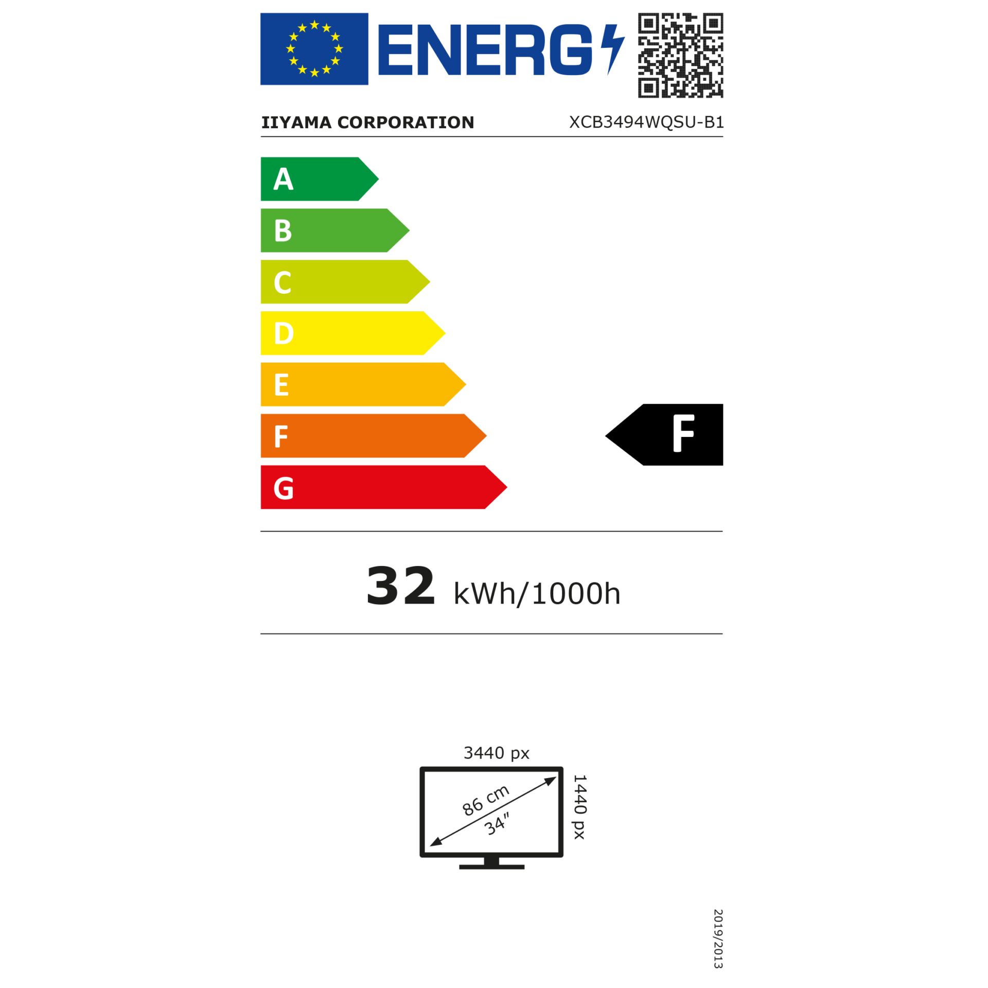 Energetic label, Energy label, 32 kWh/1000h, LED-style chart, TV/monitor dimensions