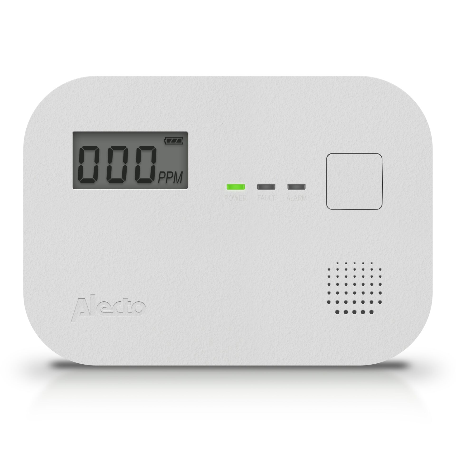 Gasmelder, digitale Anzeige, grünes Power-LED, Lautsprecher-Gitter, abgerundetes weißes Gerät