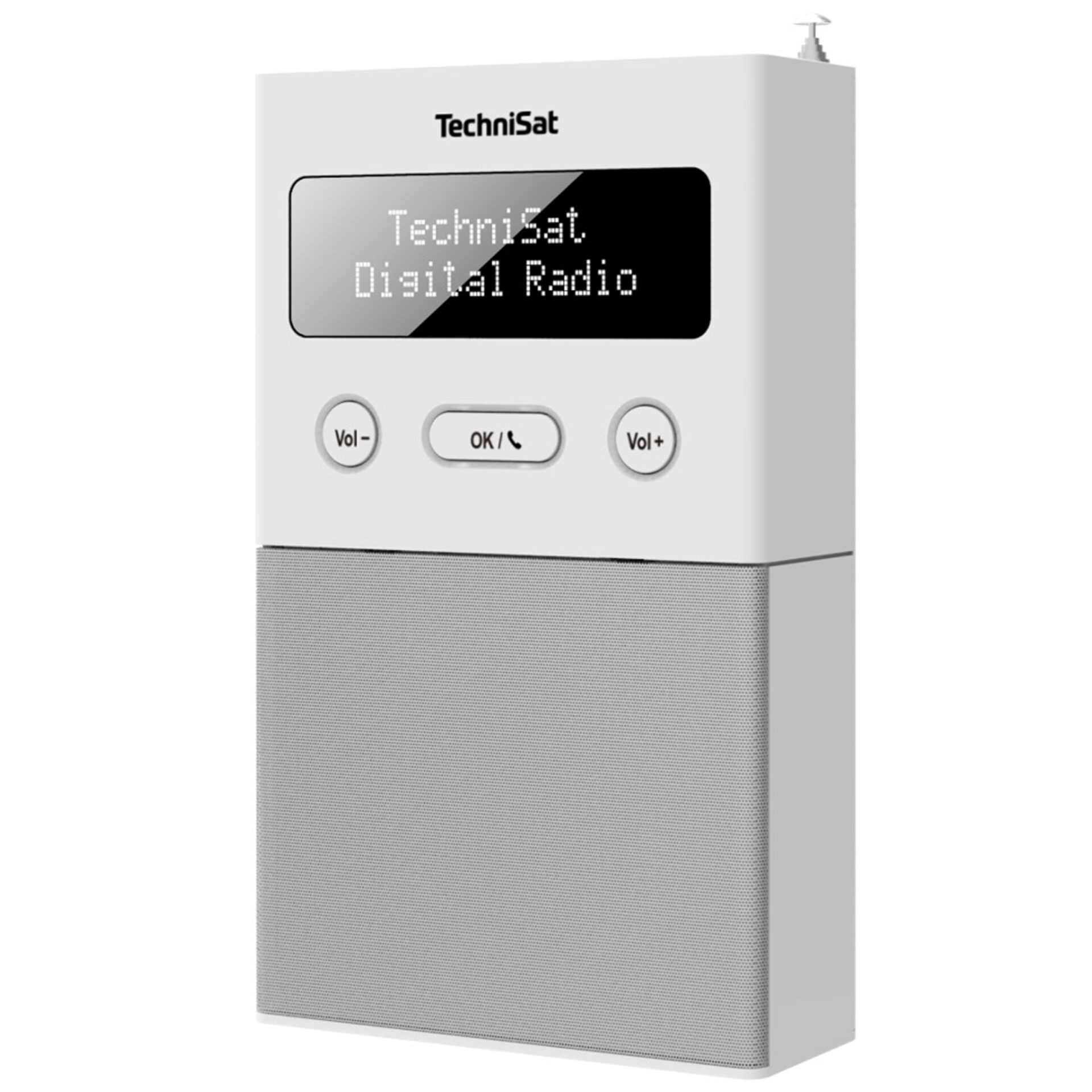 Digitaler Radio, Lautsprecher, Weiß, Display, Lautstärke+, digitaler Radio, tragbarer Lautsprecher, LCD-Display, Lautstärkeregler, weiße Vorderseite
