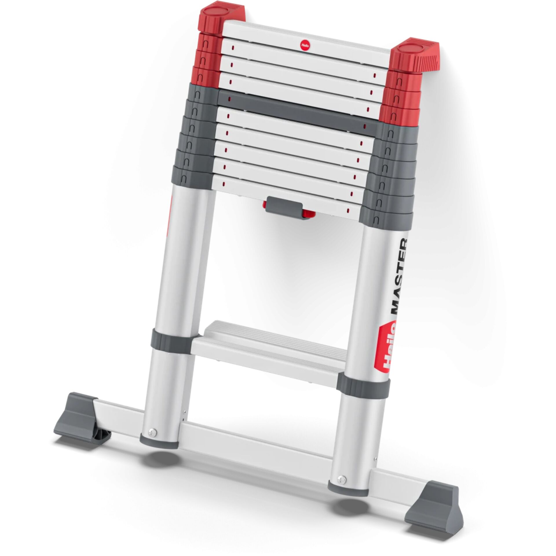 Teleskopleiter, Aluminium, roter Griff, faltbar, Sprossenleiter