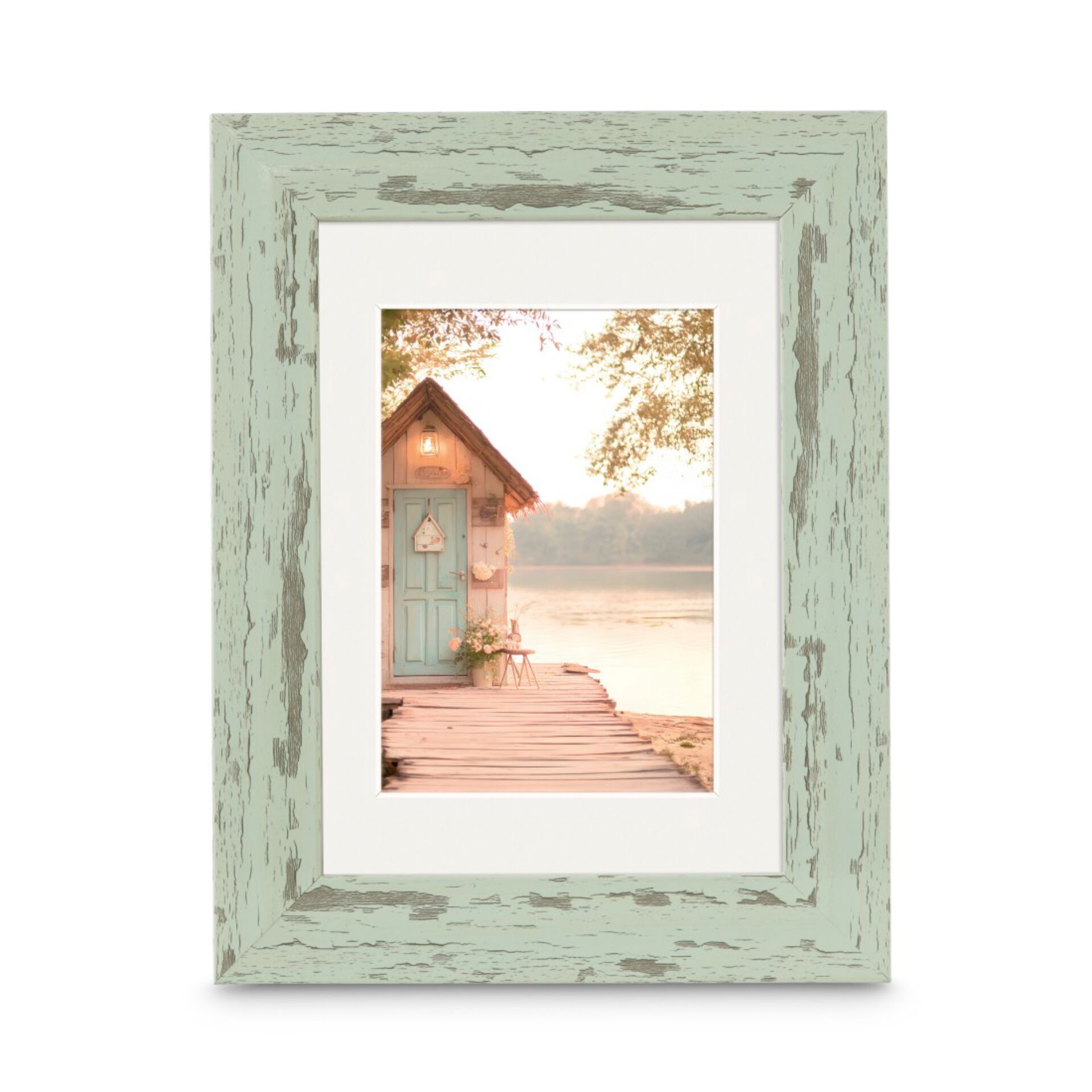Fotodruck, Rustikales Rahmenbild, Schwimmendes Haus, Holzrahmen, Meeres-/Seeufer-Szene