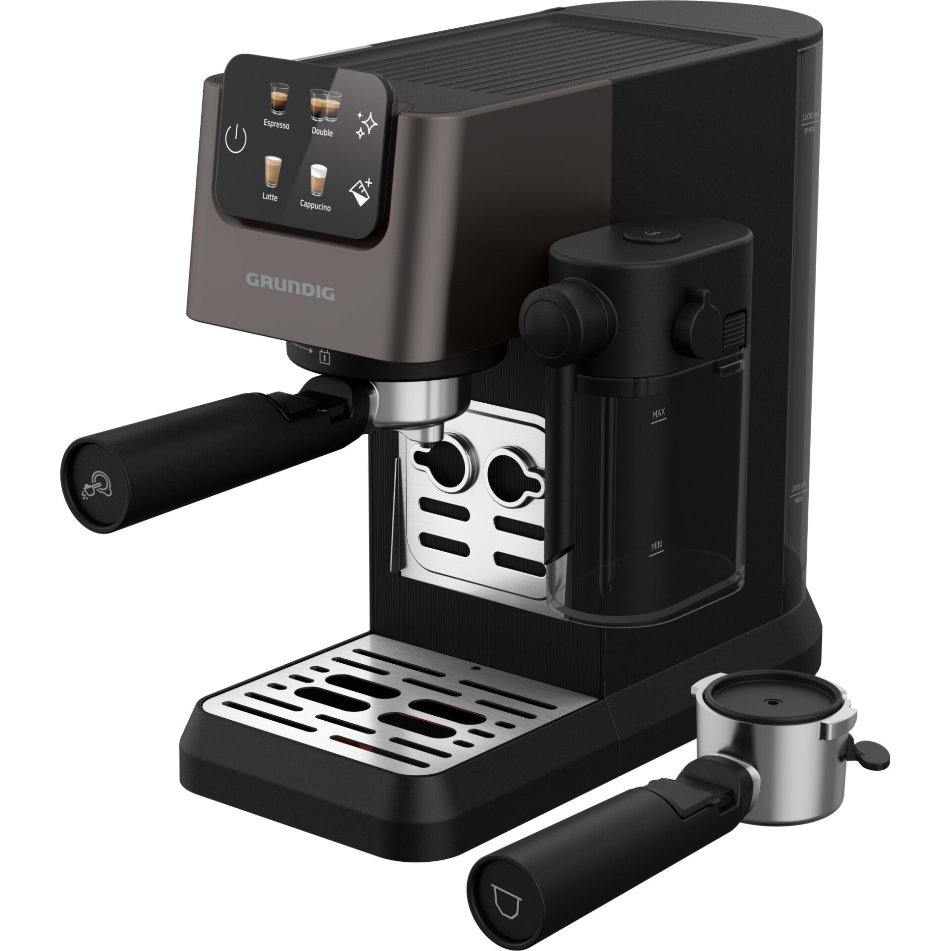 Espresso machine, Kaffeemaschine, Portafilter, Milchschaumkännchen, Grundig Branding
