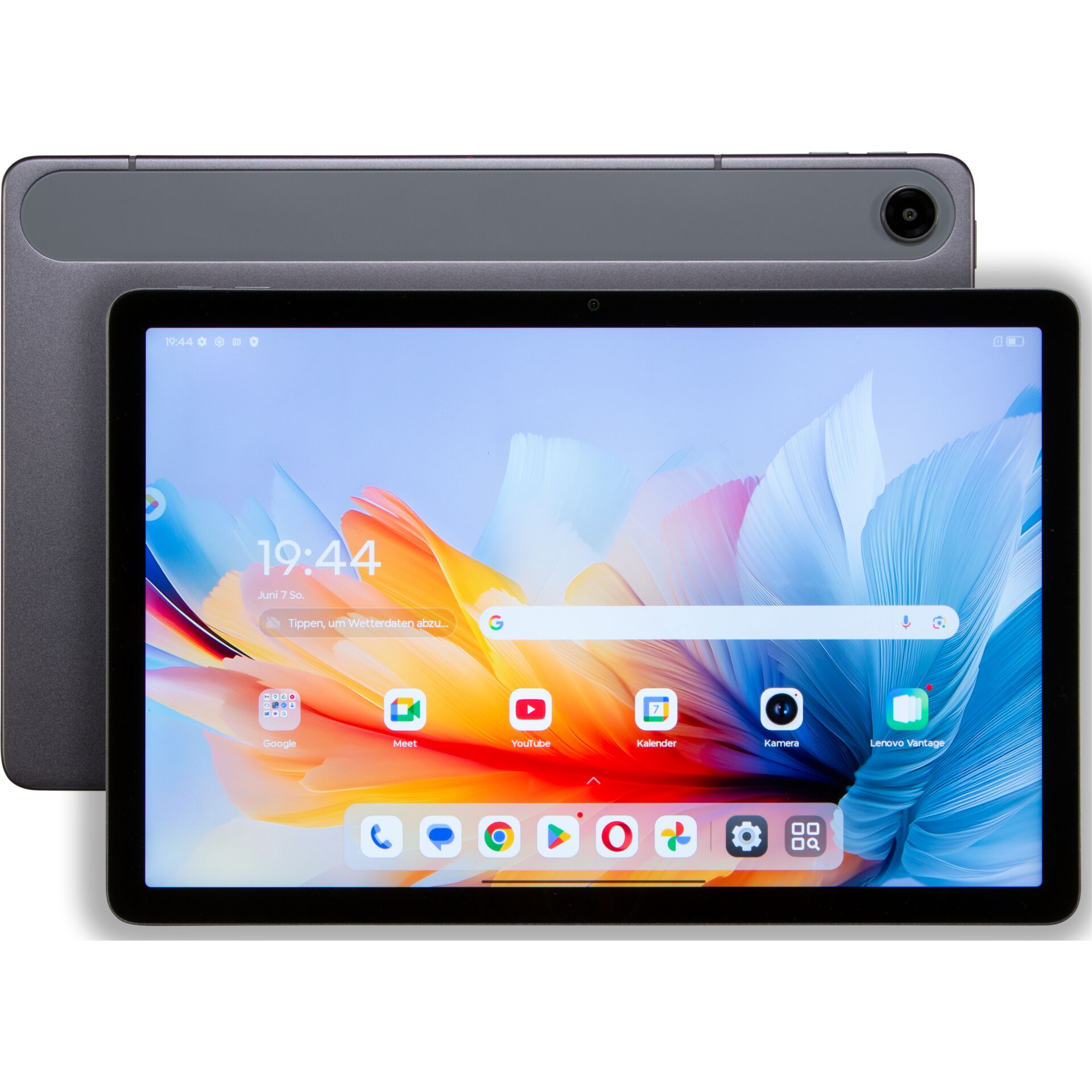 Tablet, Touchscreen, Schwarzes Display, Graues Gehäuse, Rückkamera