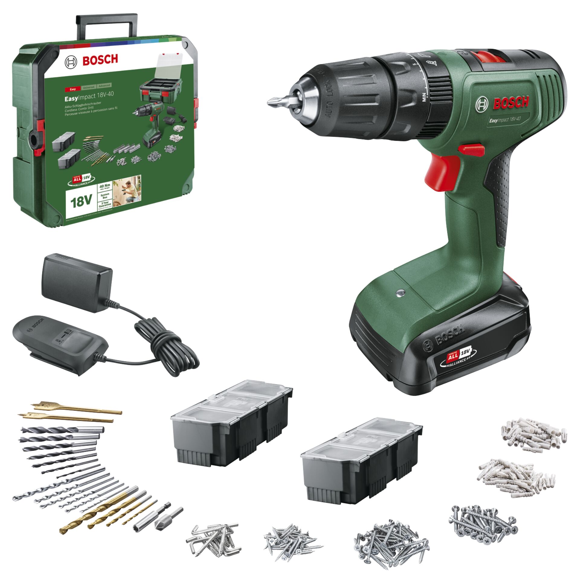 Akku-Bohrschrauber, 18V, Koffer-Set, Befestigungszubehör, Schrauben-Sortiment