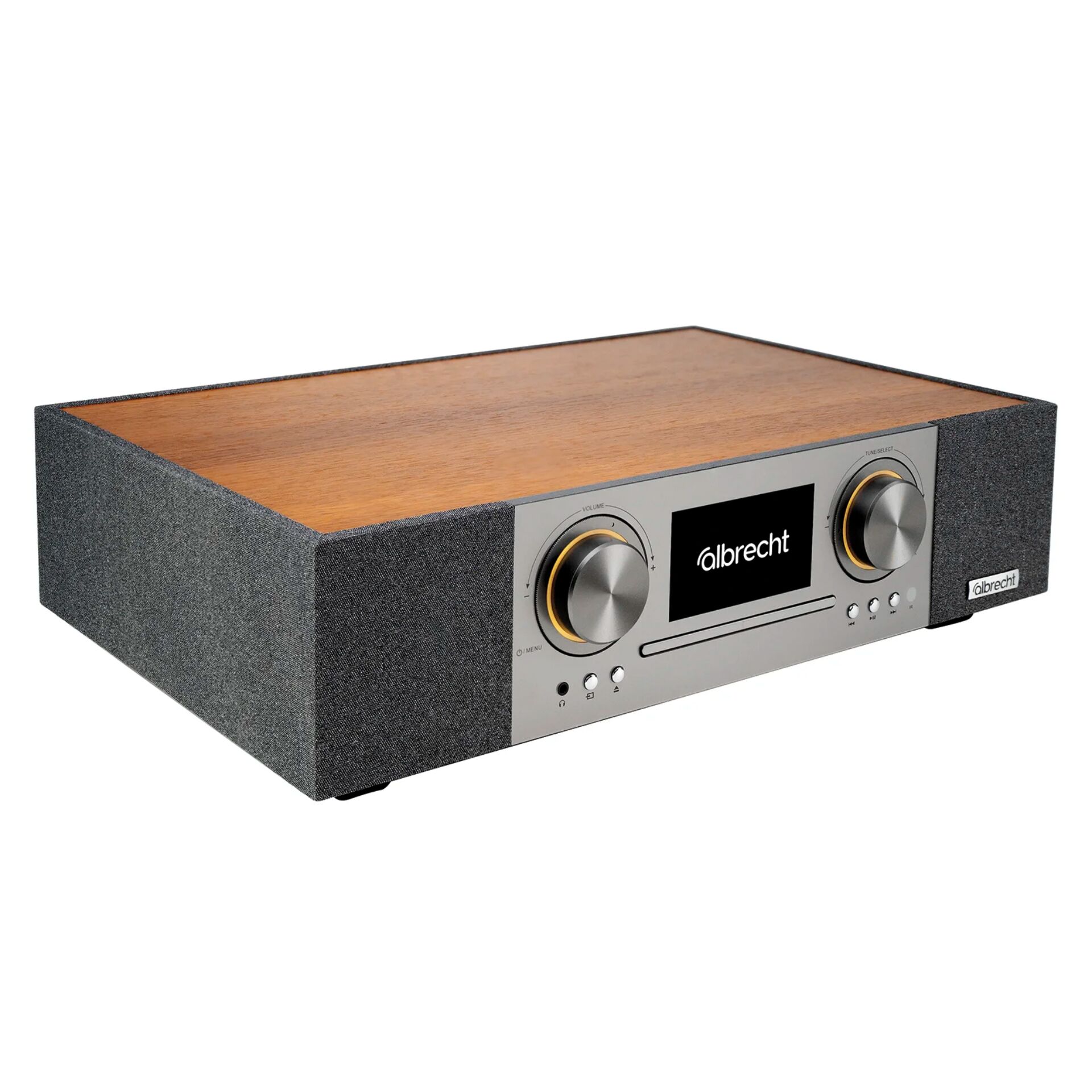 Stereo-Verstärker, Holzoberfläche, graues Frontpanel, Lautstärkeregler, albrecht-Label