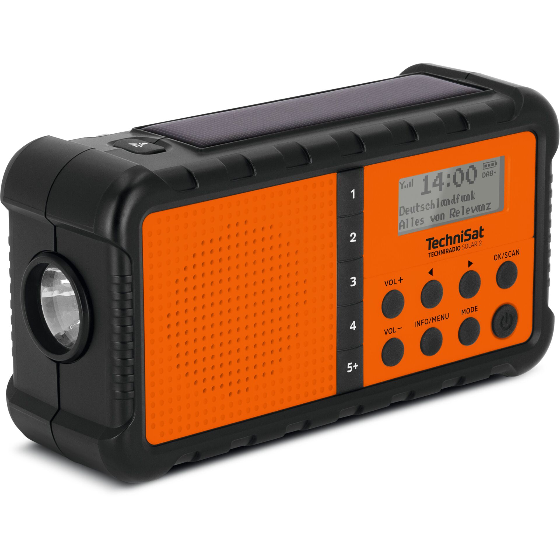 Taschenradio, Solarbetrieb, orangefarbenes Panel, LED-Anzeige, FM/DAB+