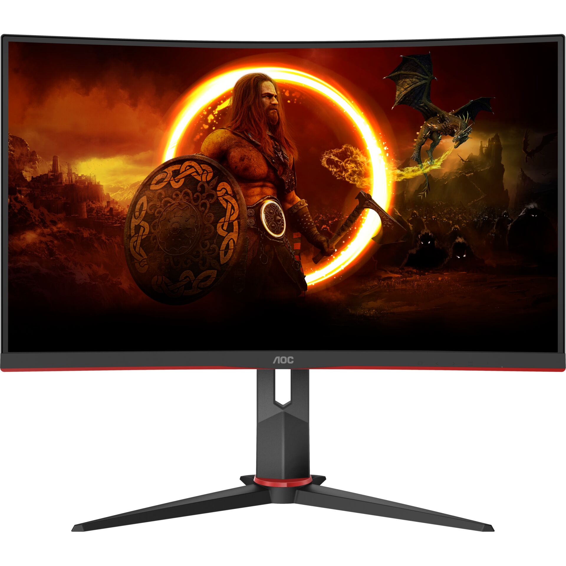 gaming monitor, AOC monitor, curved screen, gaming setup, red accent