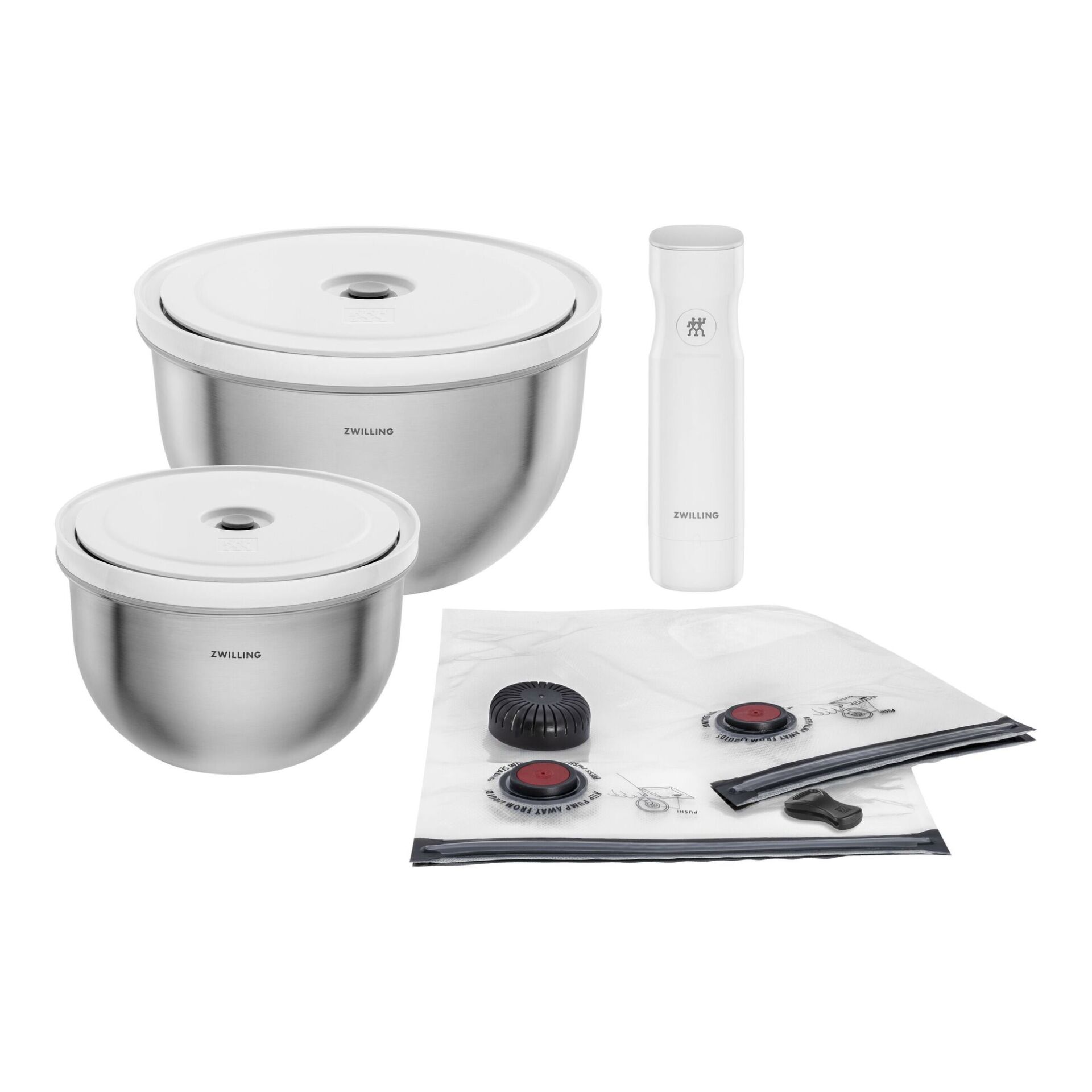 edelstahl, Mixbehälter, Rührgerät, Abdeckungen, Dammschutz, Vakuumier-Set, Edelstahlschüsseln, Vakuumpumpe, Vakuumbeutel, weiße Deckel