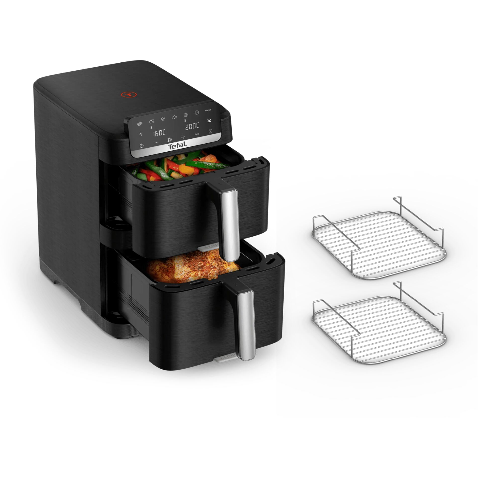 Air fryer, Fryer with baskets, Digital display, Stacked baskets, Metal racks