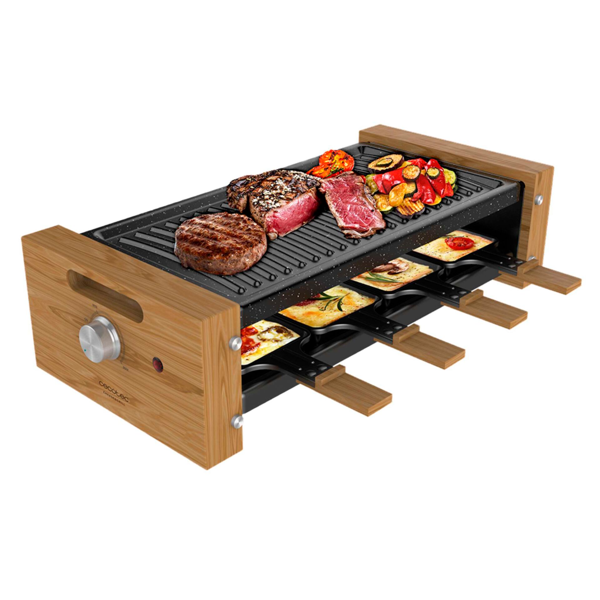 Grillpfanne, Kohlegrill, Steak, Gemüse, Holzgriffe