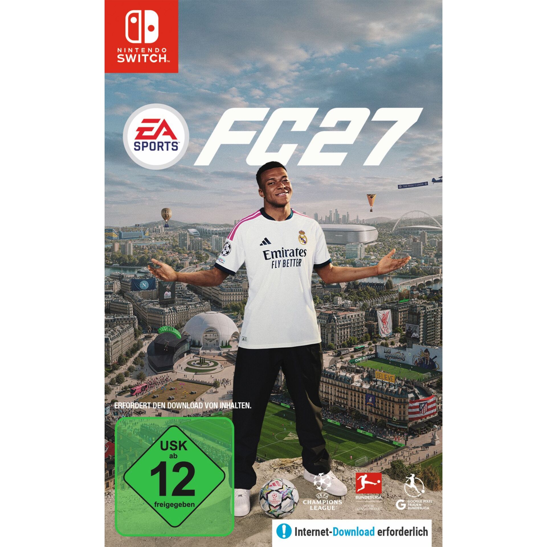 Nintendo Switch, FIFA 27, Soccer game, Real Madrid jersey, EUROPE stadium scene