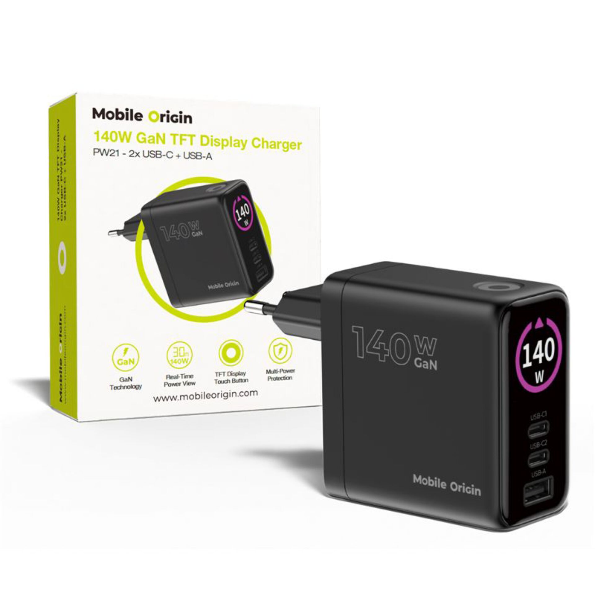 GaN-Ladegerät, USB-C-Anschlüsse, 140W, TFT-Anzeige, Reiseladegerät