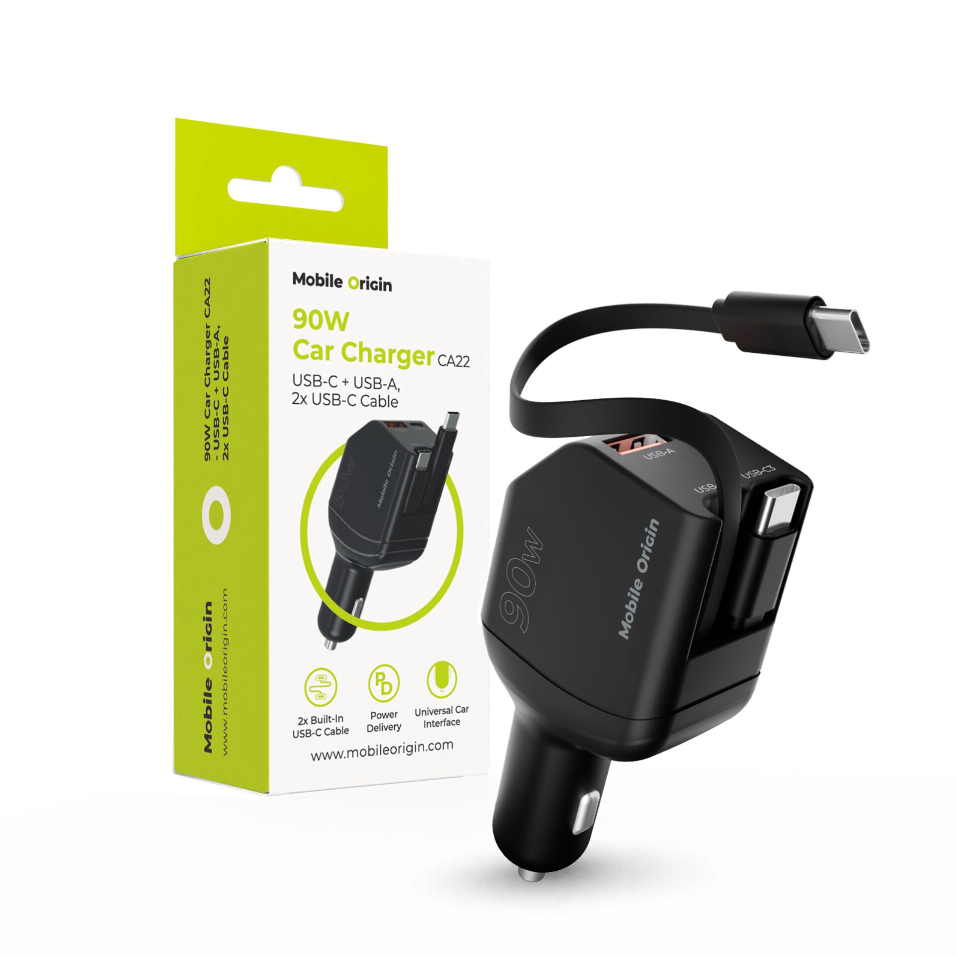 Ladegerät fürs Auto, 90W, USB-C, USB-A, Kabel enthalten