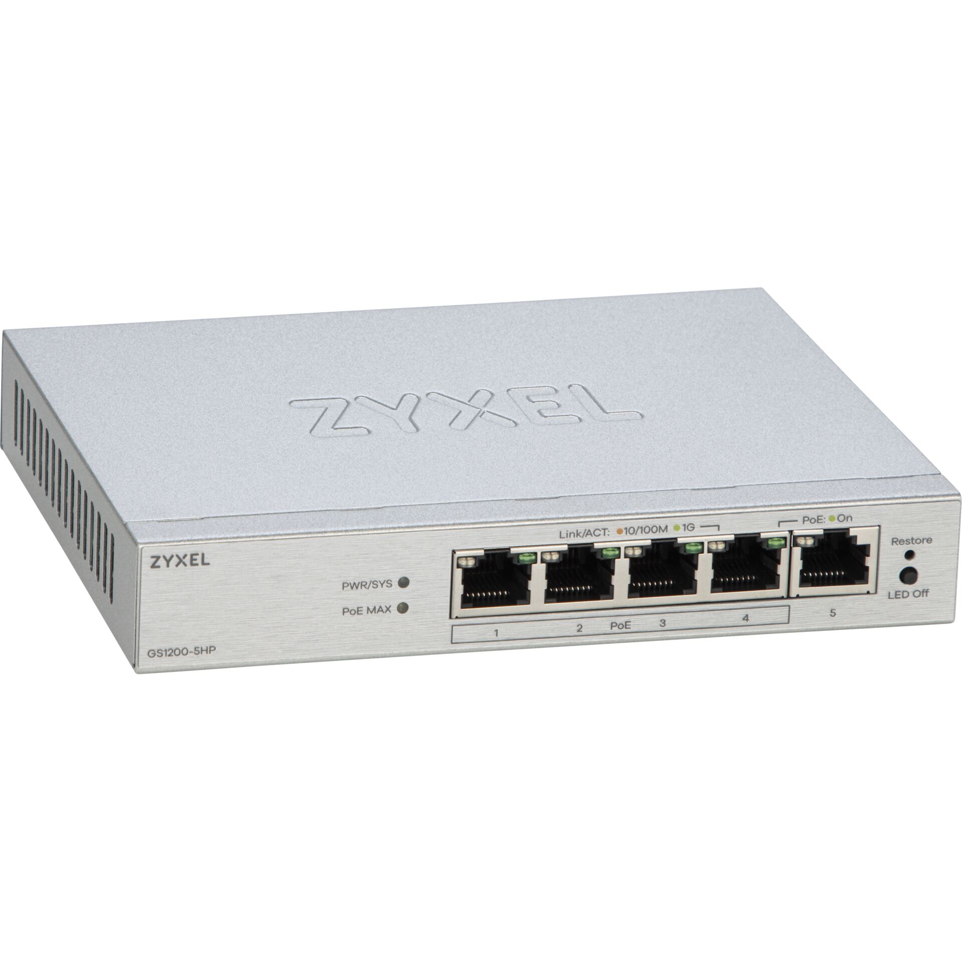 PoE Switch, Ethernet Switch, 5‑Port, Rackmount, Green LEDs