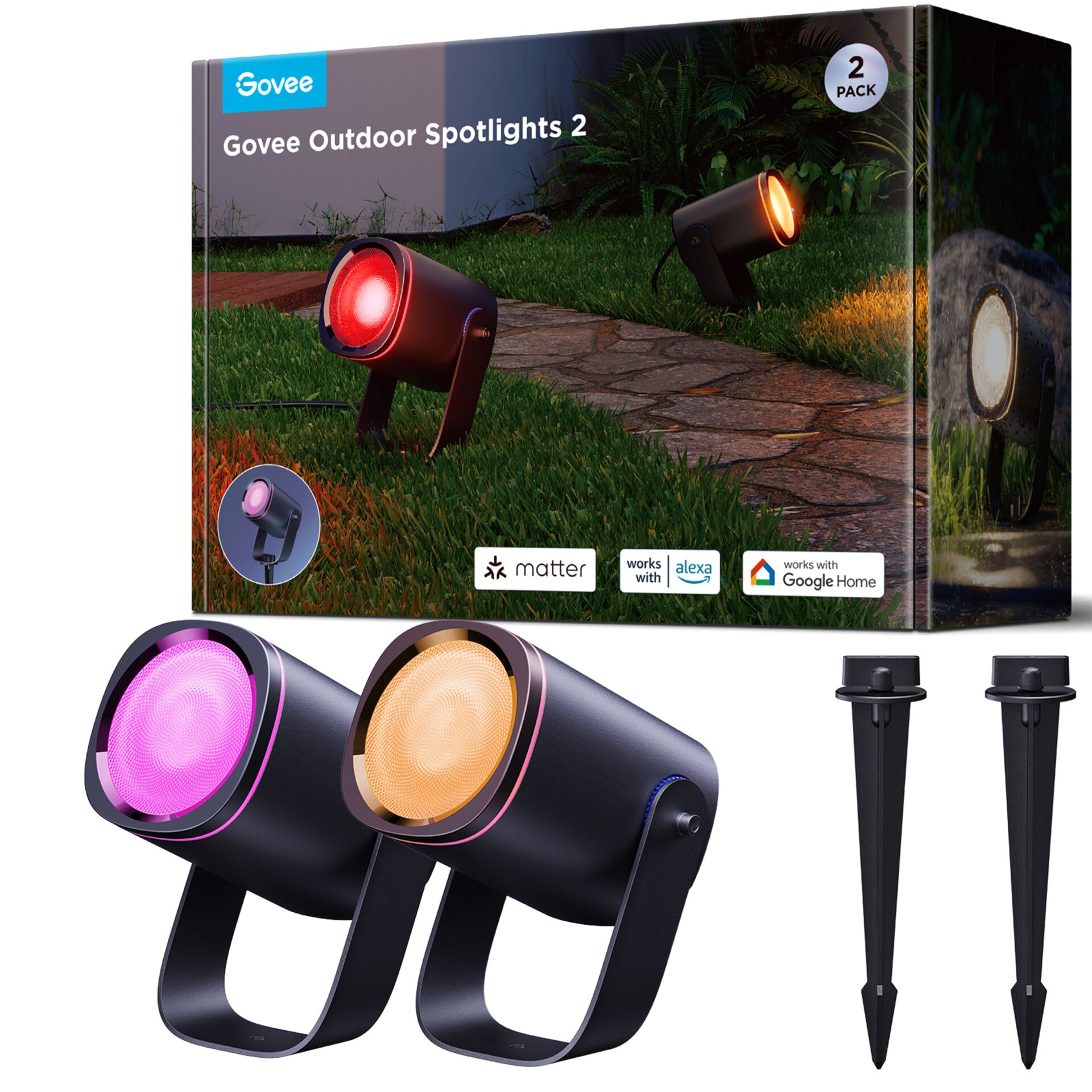 Outdoor lights, Spotlight, LED, 2-pack, Tripod stakes