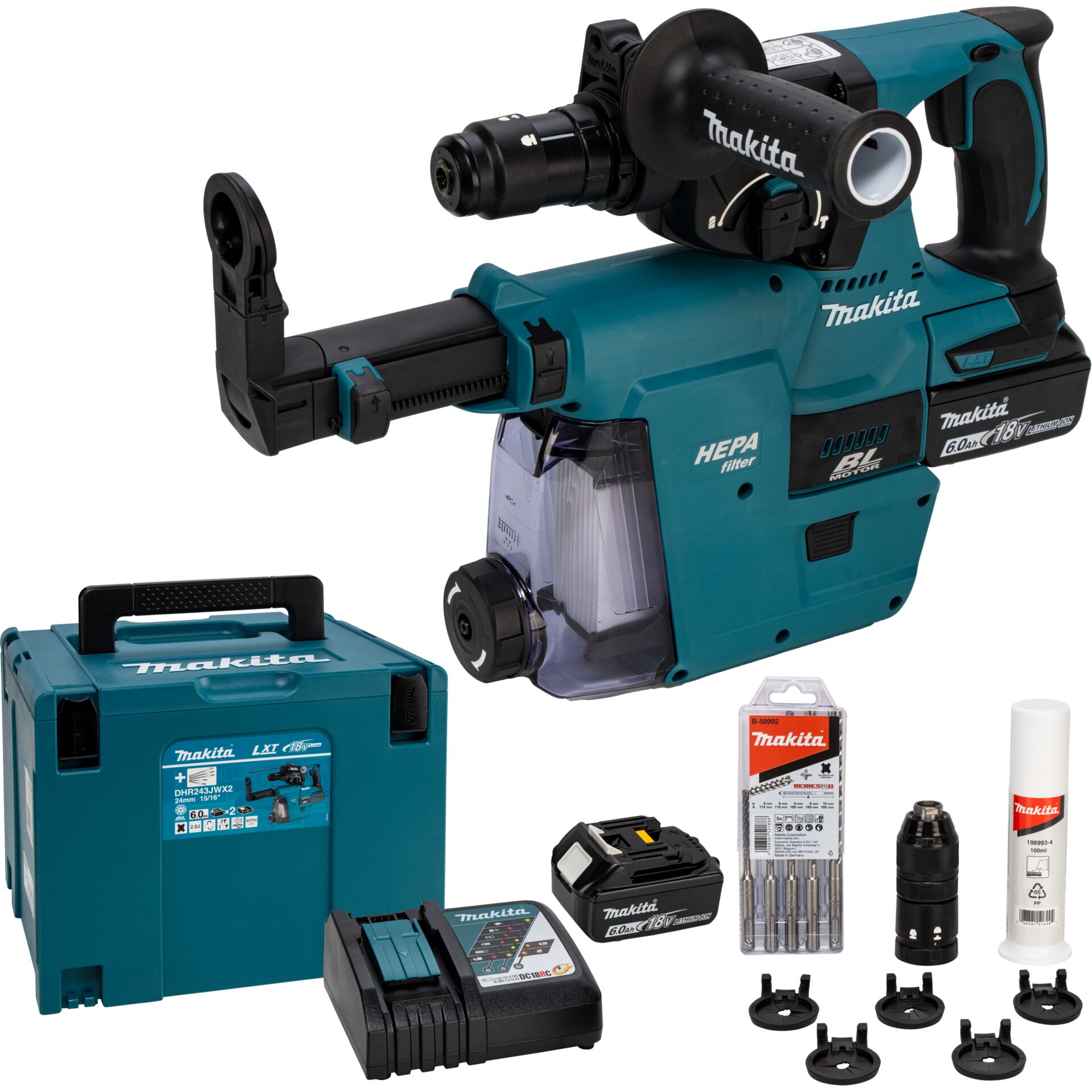 Akku-Schlagbohrmaschine, Ausziehbarer Bohrhammer, Makita, 18V, Bauwerkzeug, Akku-Heckenschere, Makita, HEPA-Filter, Li-Ion, Zubehör-Set