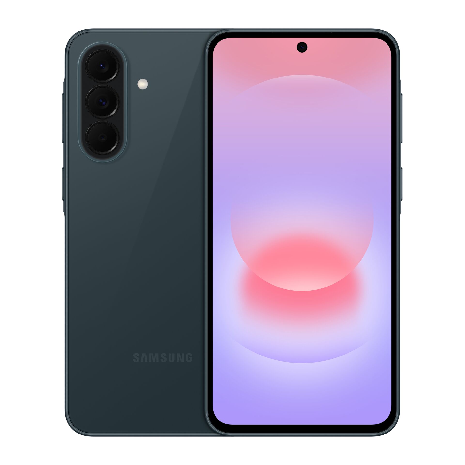 smartphone, dunkles petrol, Dreifachkamerasystem, minimaler Rahmen, Lochkamera oben in der Mitte