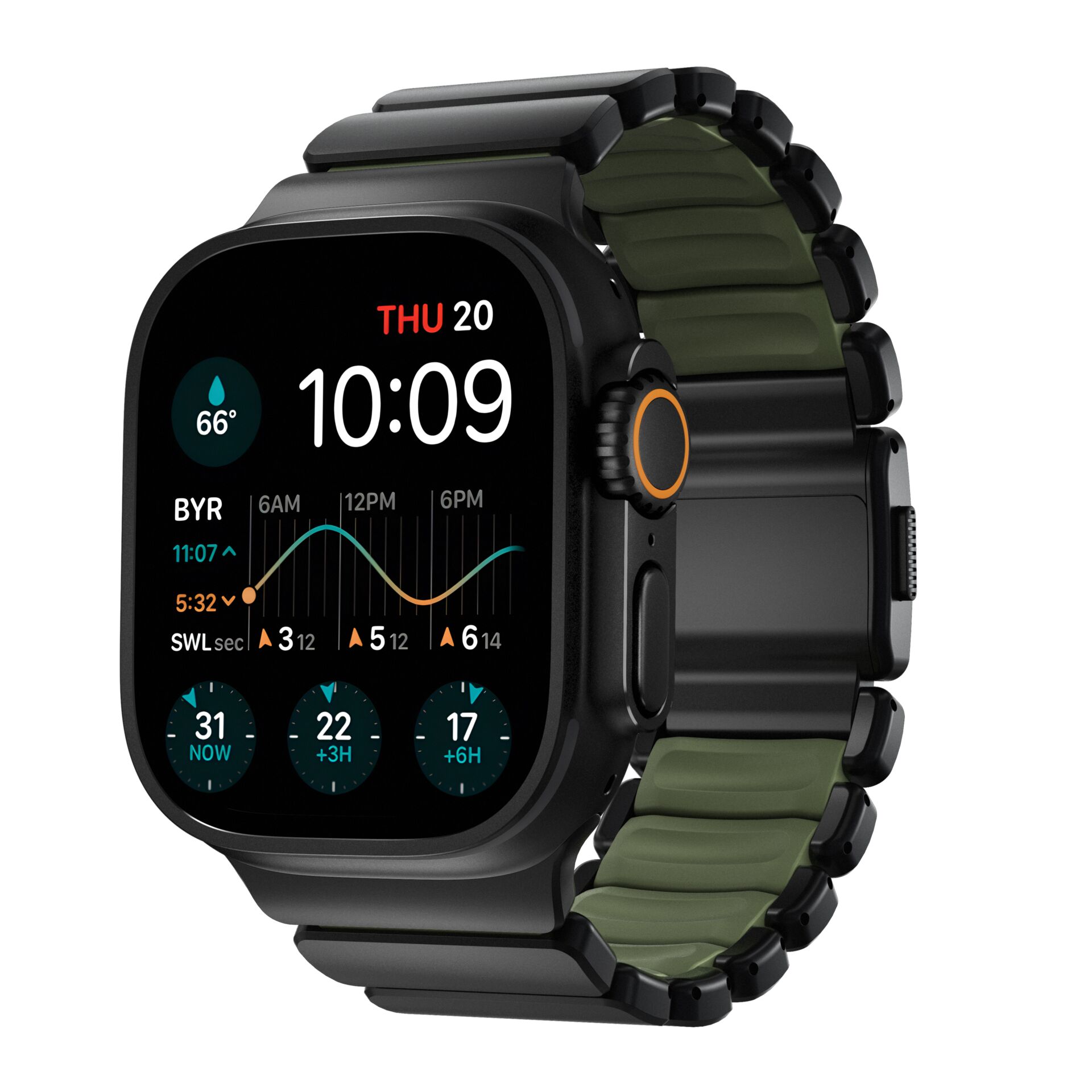 smartwatch, digital display, metal band, dark color, rounded square face