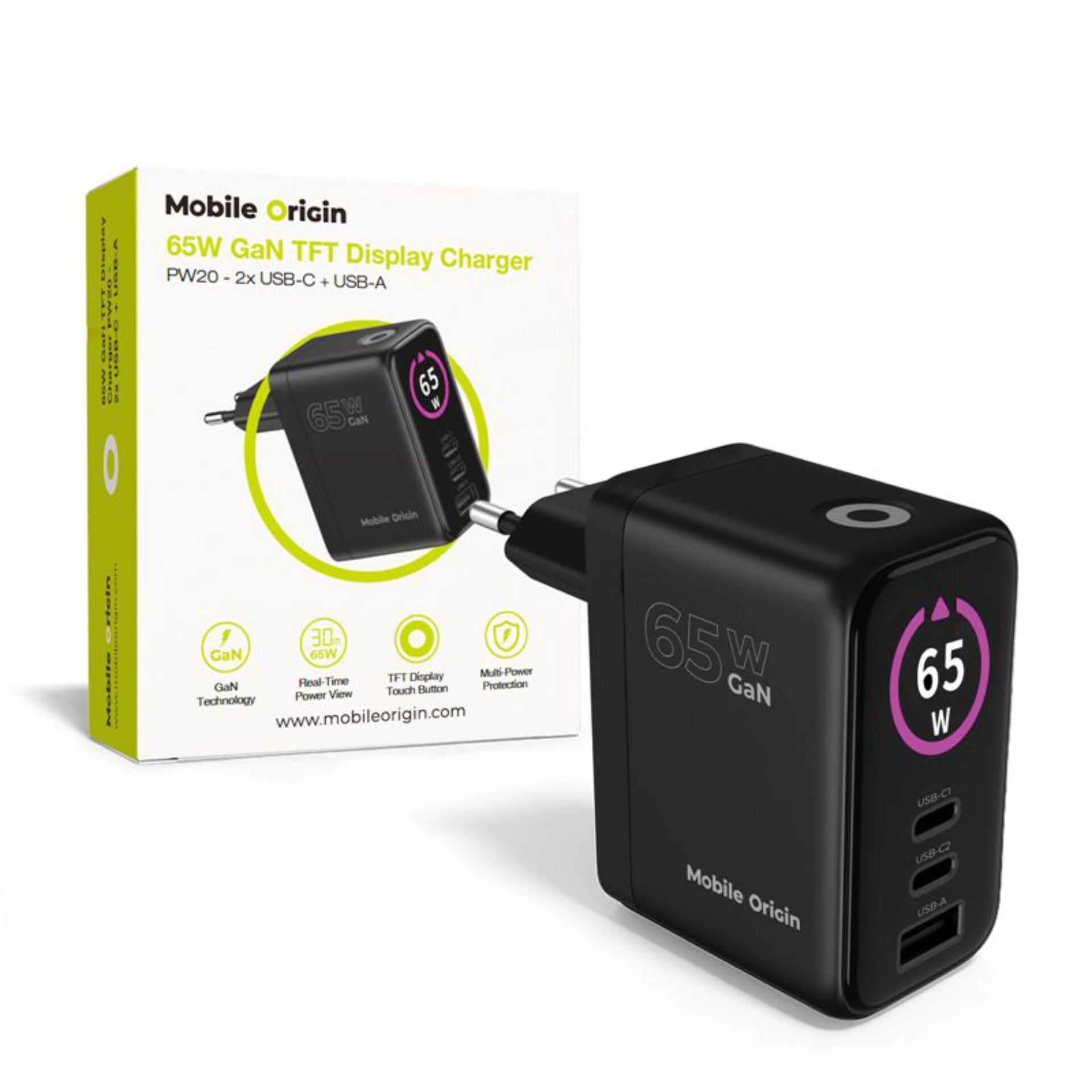 65W, GaN, USB-C, Display-Ladegerät, Reiseladegerät
