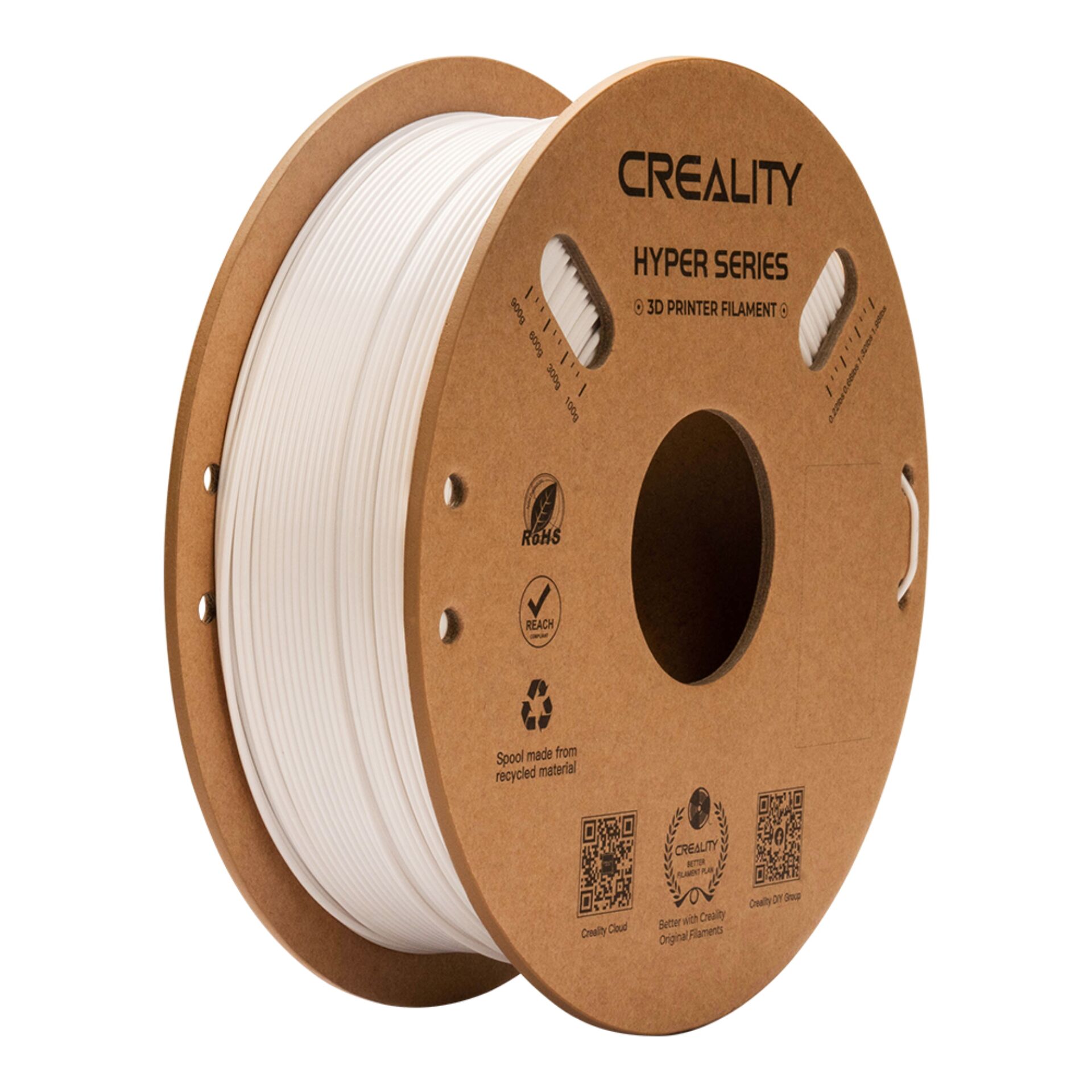 3D-druck_filament, PLA_filament, weiße_Filament, Spule, CREALITY_hyper_series