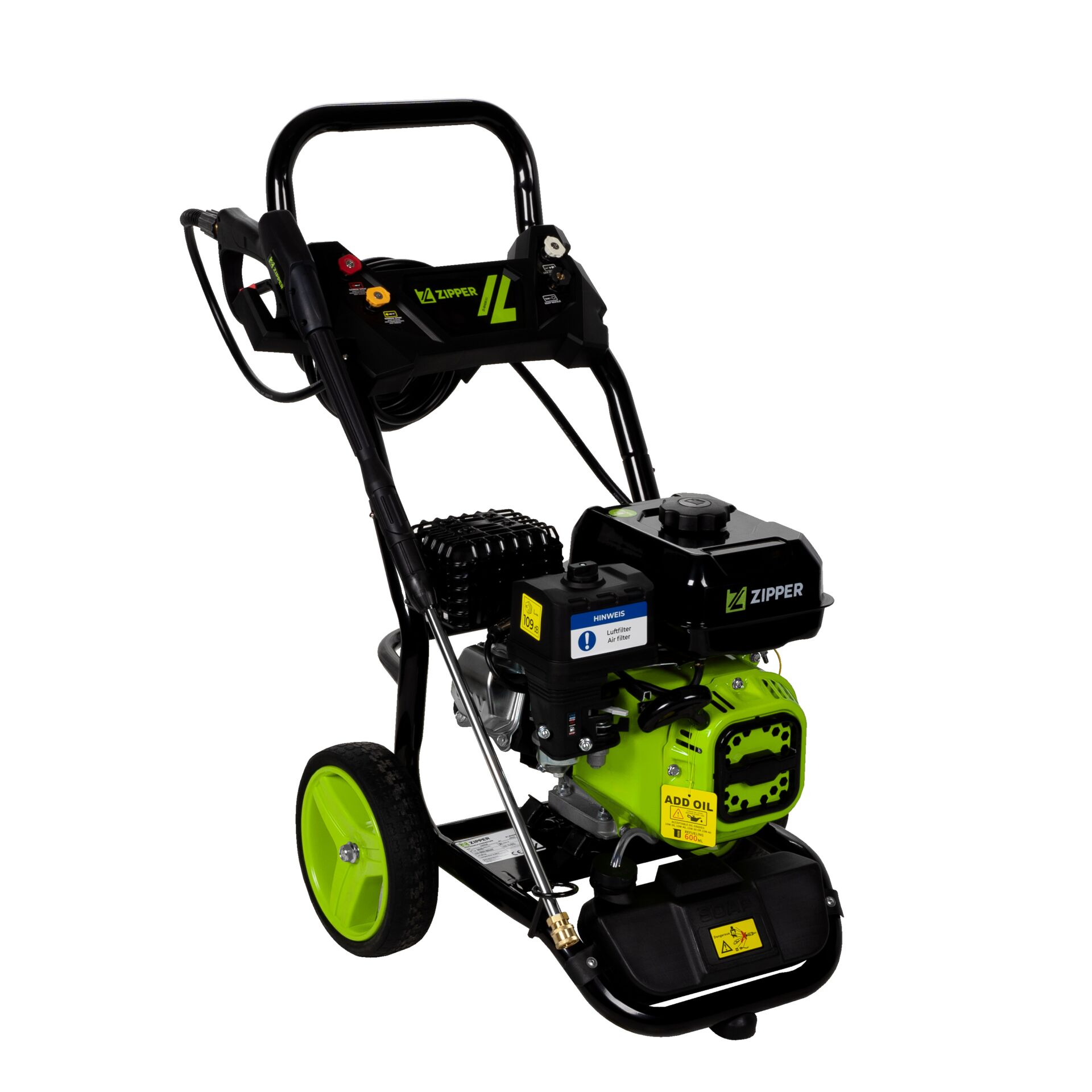 Kettensäge?, Maschine?, Druckreiniger?, Benzinmotor?, Transportwagen?, Kettenspülmaschine, Pressure washer, Gas engine, Lüfter, Grün