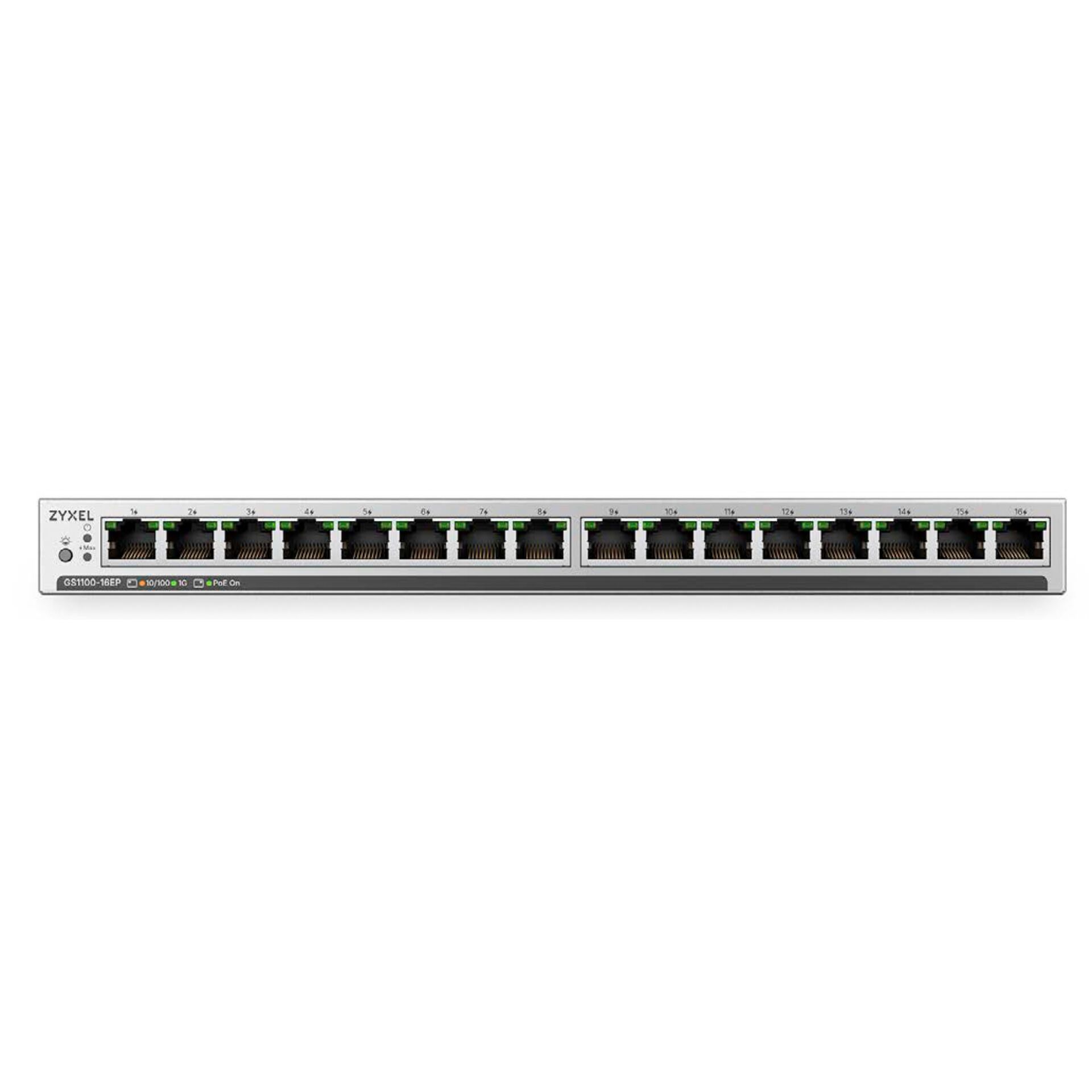 Netzwerk-Switch, 16 Ethernet-Ports, PoE-Switch, Gigabit-Ethernet, Silbernes Gehäuse