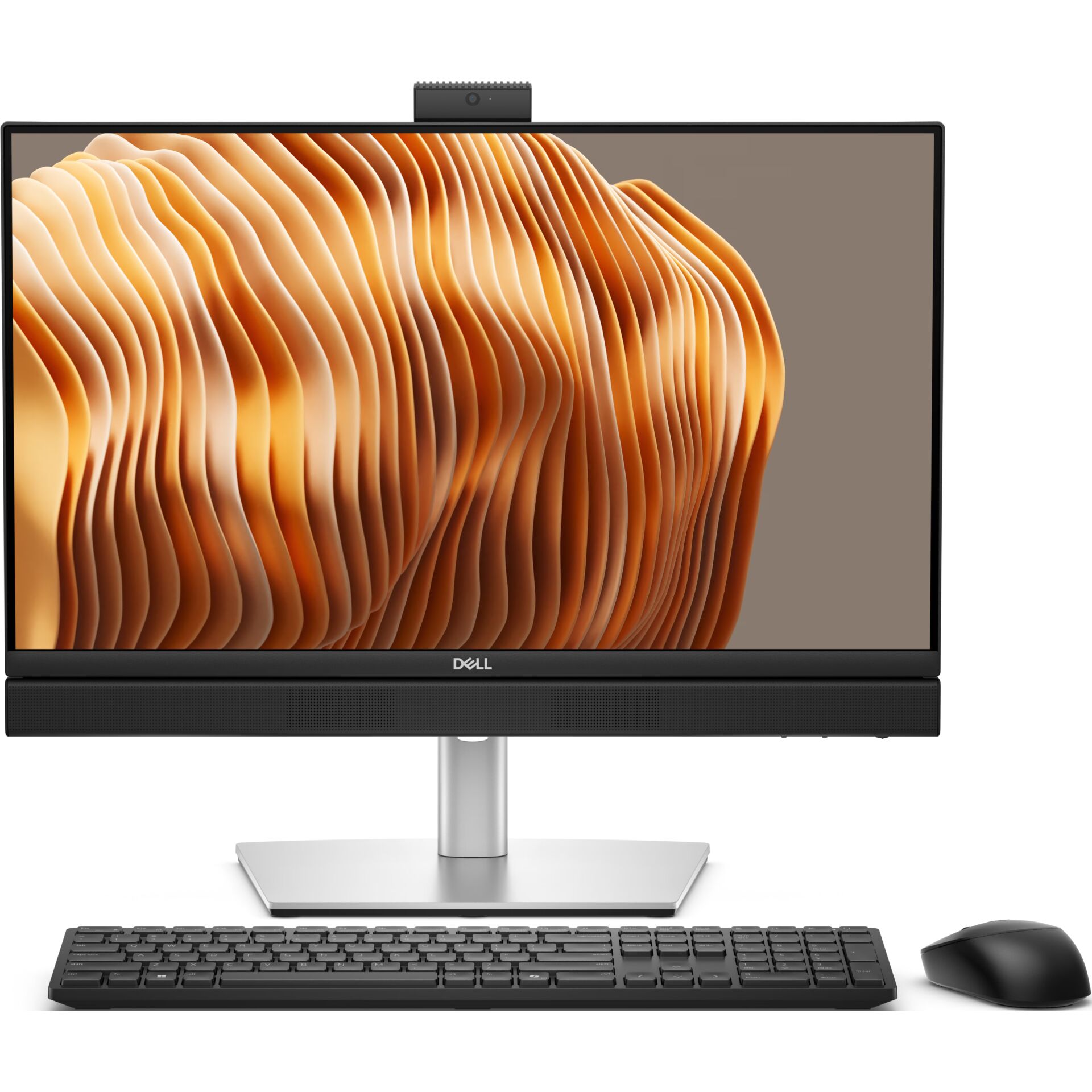 alleinrund, monitor, pc, silberner ständer, kabellose tastatur, schwarze maus, display