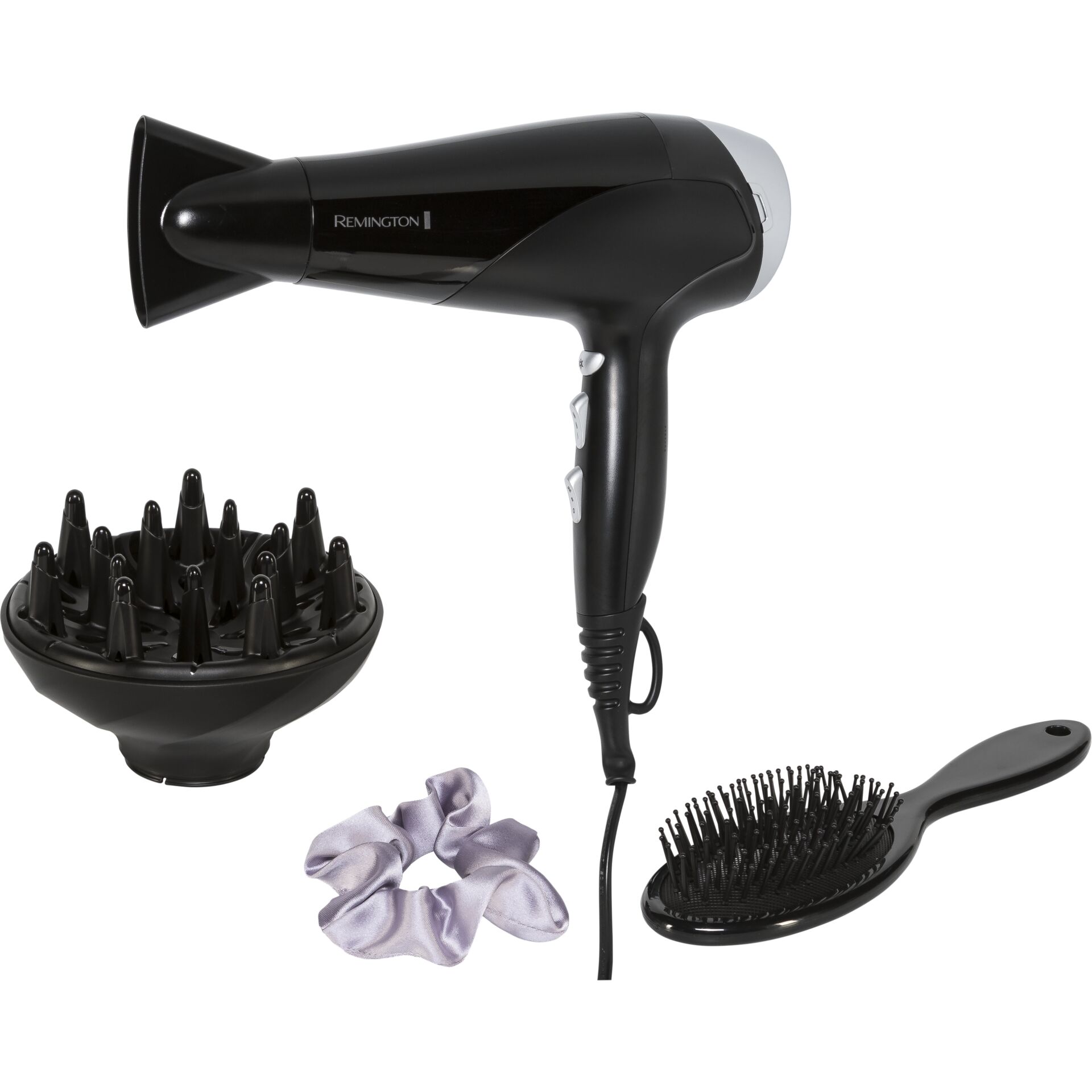 Föhn, Haartrockner, Aufsatzbürste, Diffusor, Haargummi