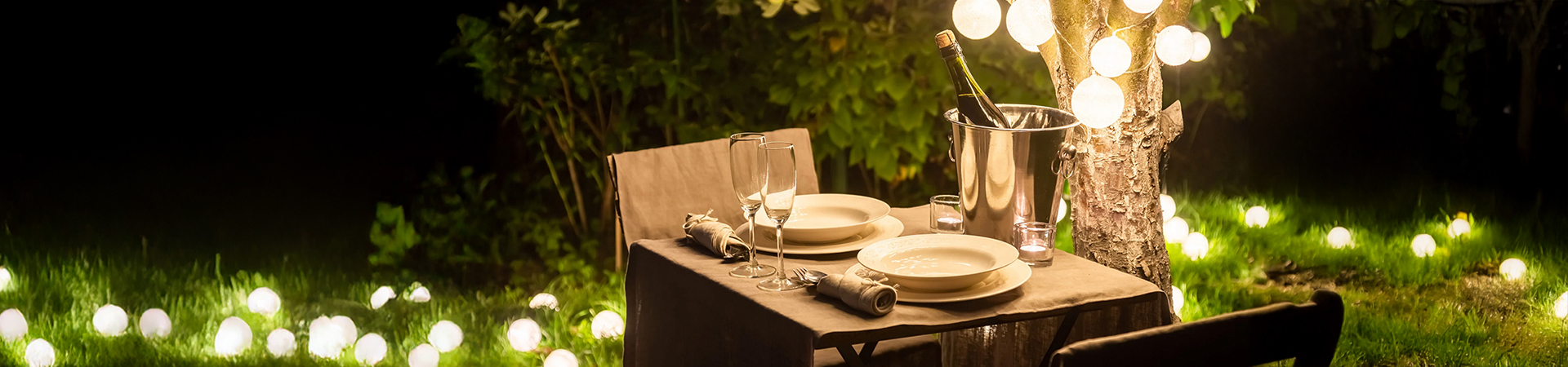 outdoor table, Dine setup, Lichterkette, Weinbucket, Tischwäsche