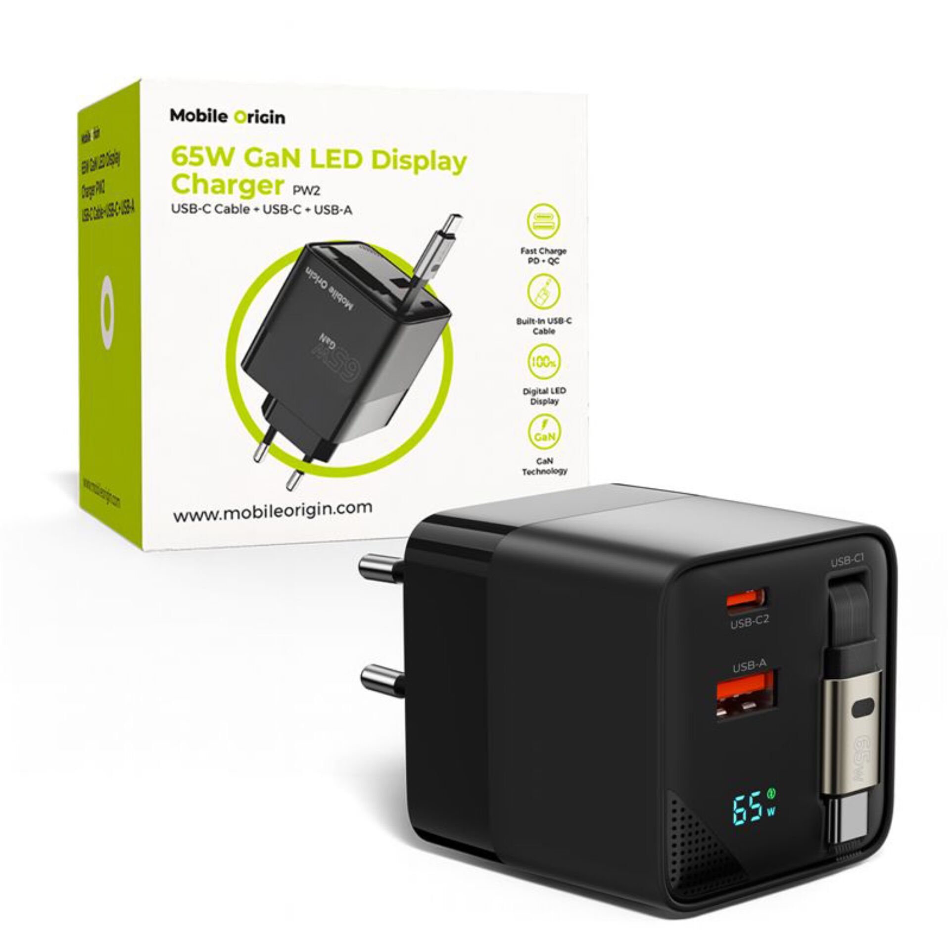 65W-Ladegerät, GaN, LED-Anzeige, USB-C USB-A, tragbares Netzteil