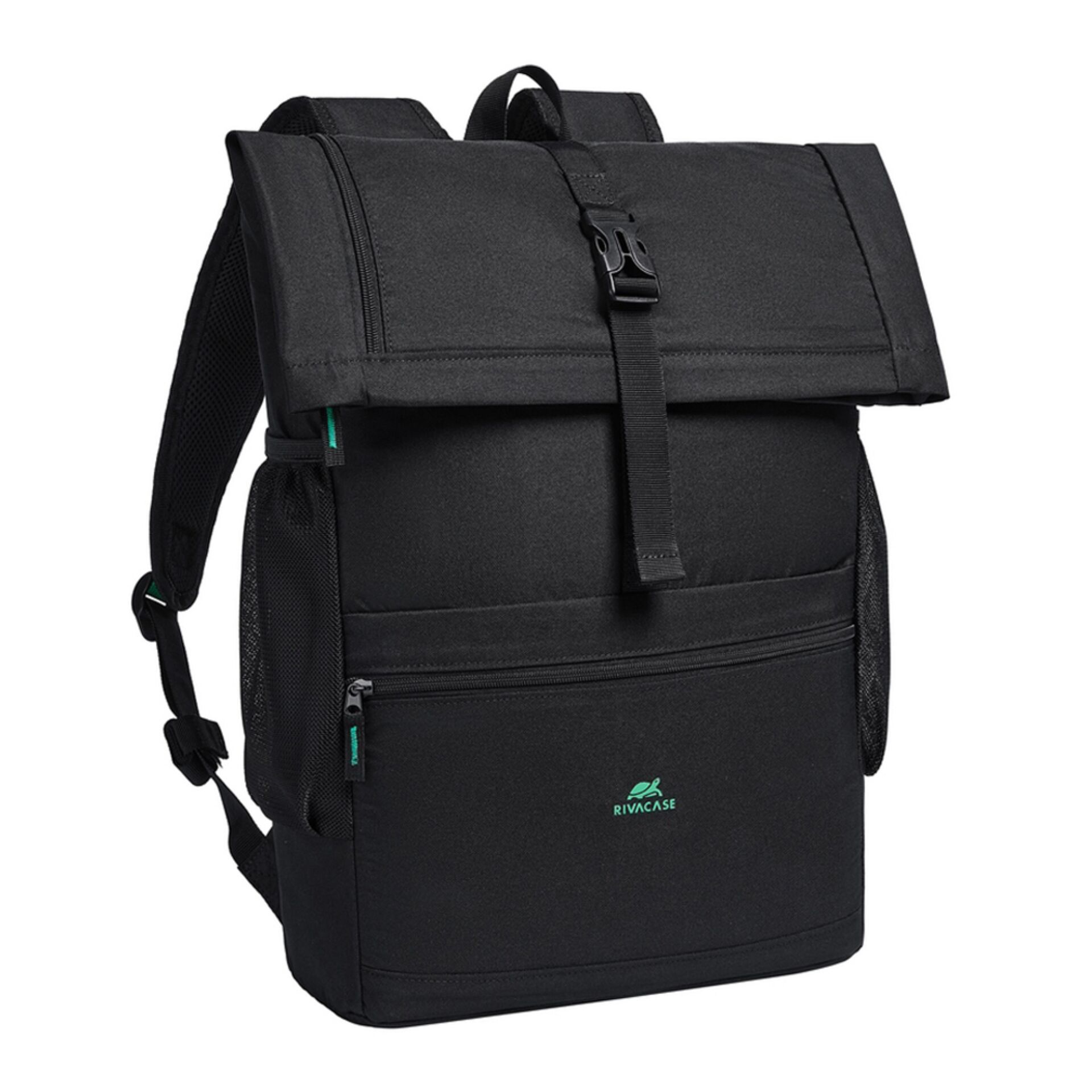 Rucksack, schwarz, Klappdeckel, Schnallenverschluss, Fronttasche mit Reißverschluss