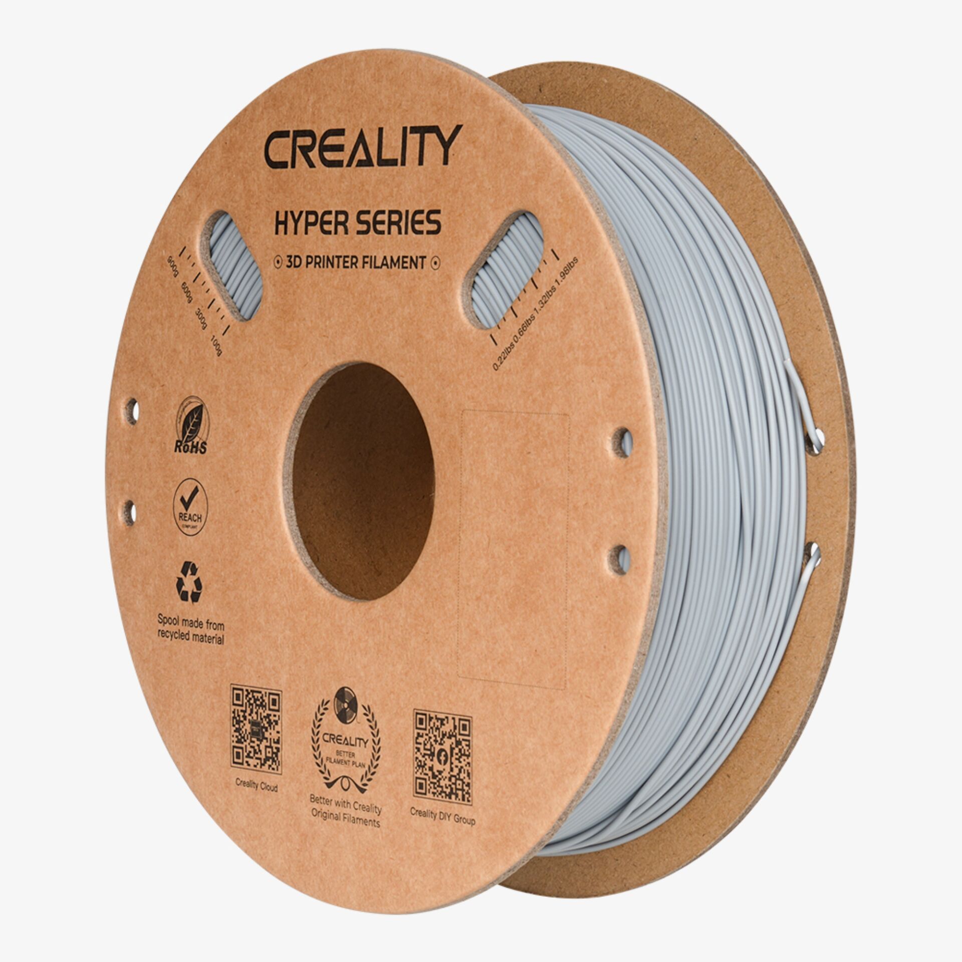 3D-Druck-Filament, PLA-Filament, graues Spulenkern, Spule zylindrisch, Hyper Serie