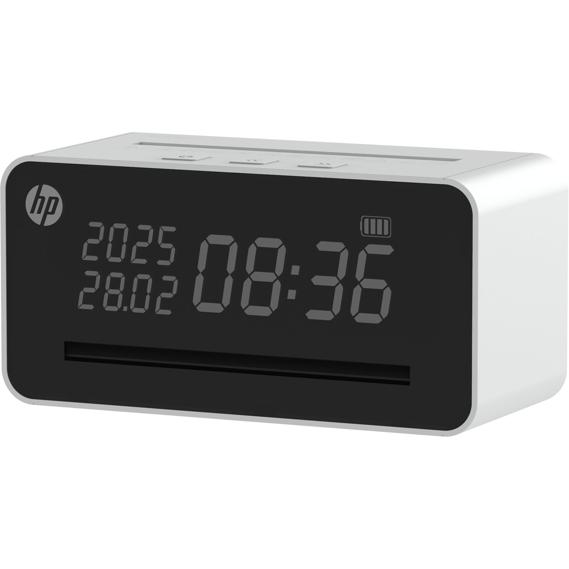 Digitalwecker, LED-Anzeige, Weißes Gehäuse, Schwarze Front, HP-Logo