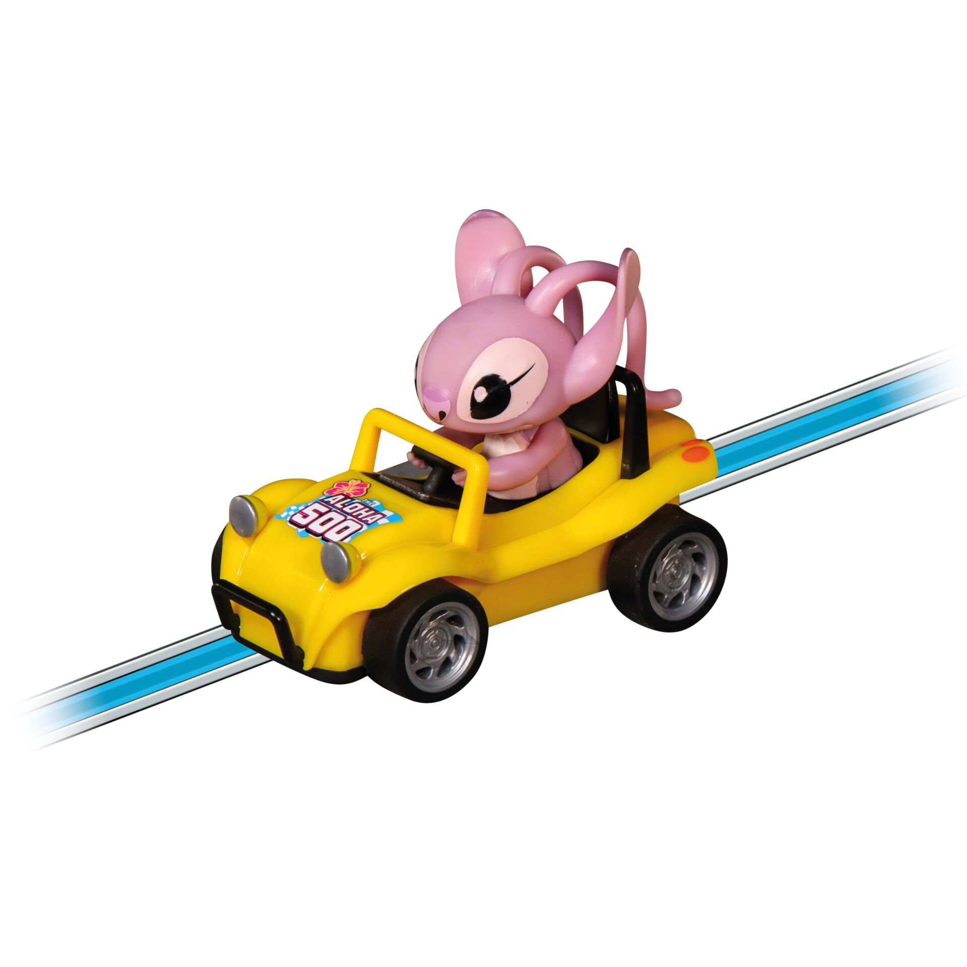 Spielzeugauto, gelbes Rennauto, Schienenfahrzeug, rosa Tierfigur, Kunststoff
