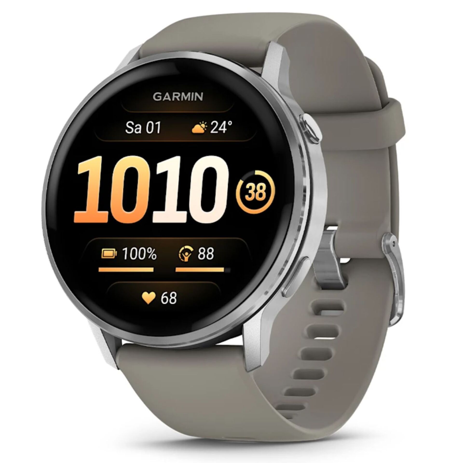 Smartwatch, Garmin, rundes Display, Silbernes Gehäuse, Silikonarmband