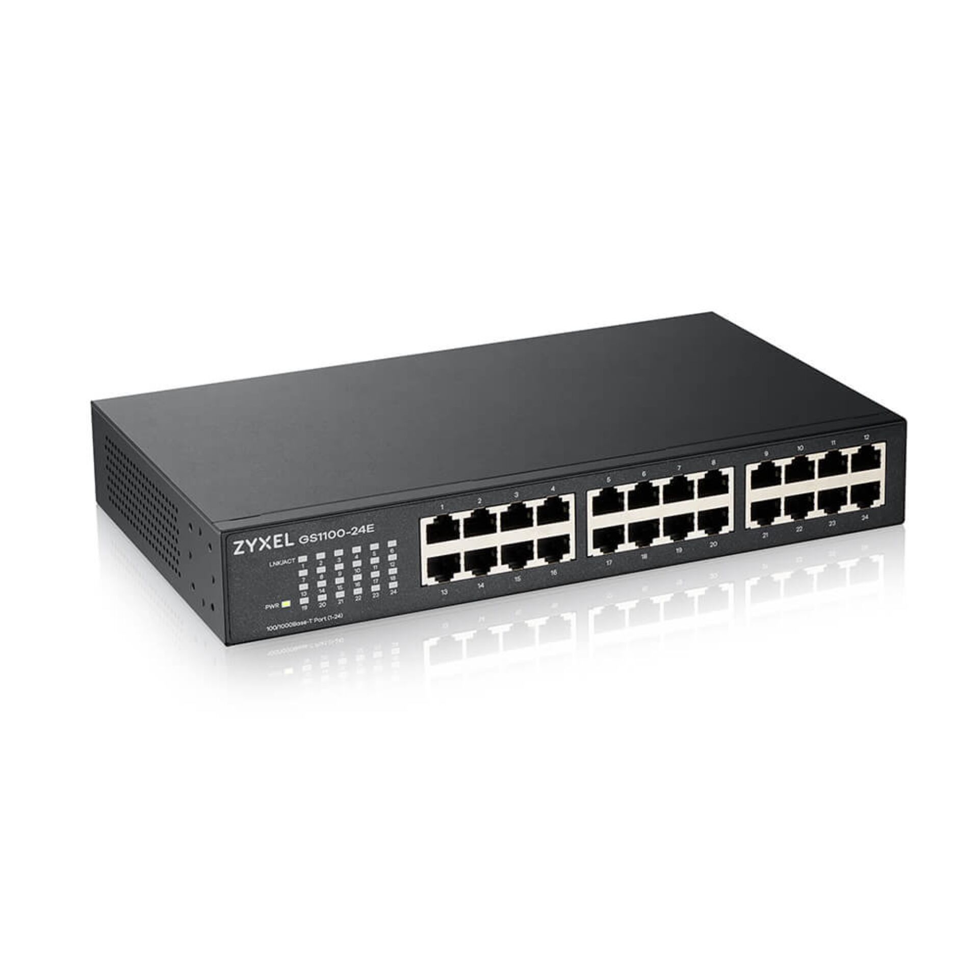 Netzwerk-Switch, 24 Ethernet-Ports, RJ45-Anschlüsse, Metallgehäuse, Schwarz