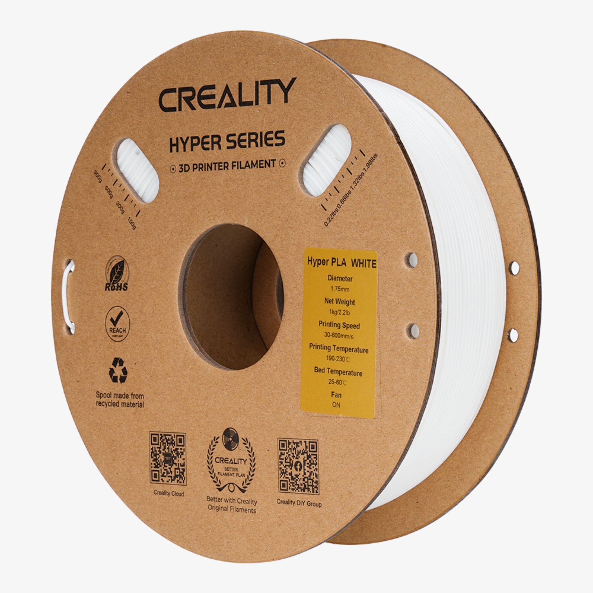 3D-Druck-Filament, PLA weiß, Spule, Filamentenrolle, Hyper Series