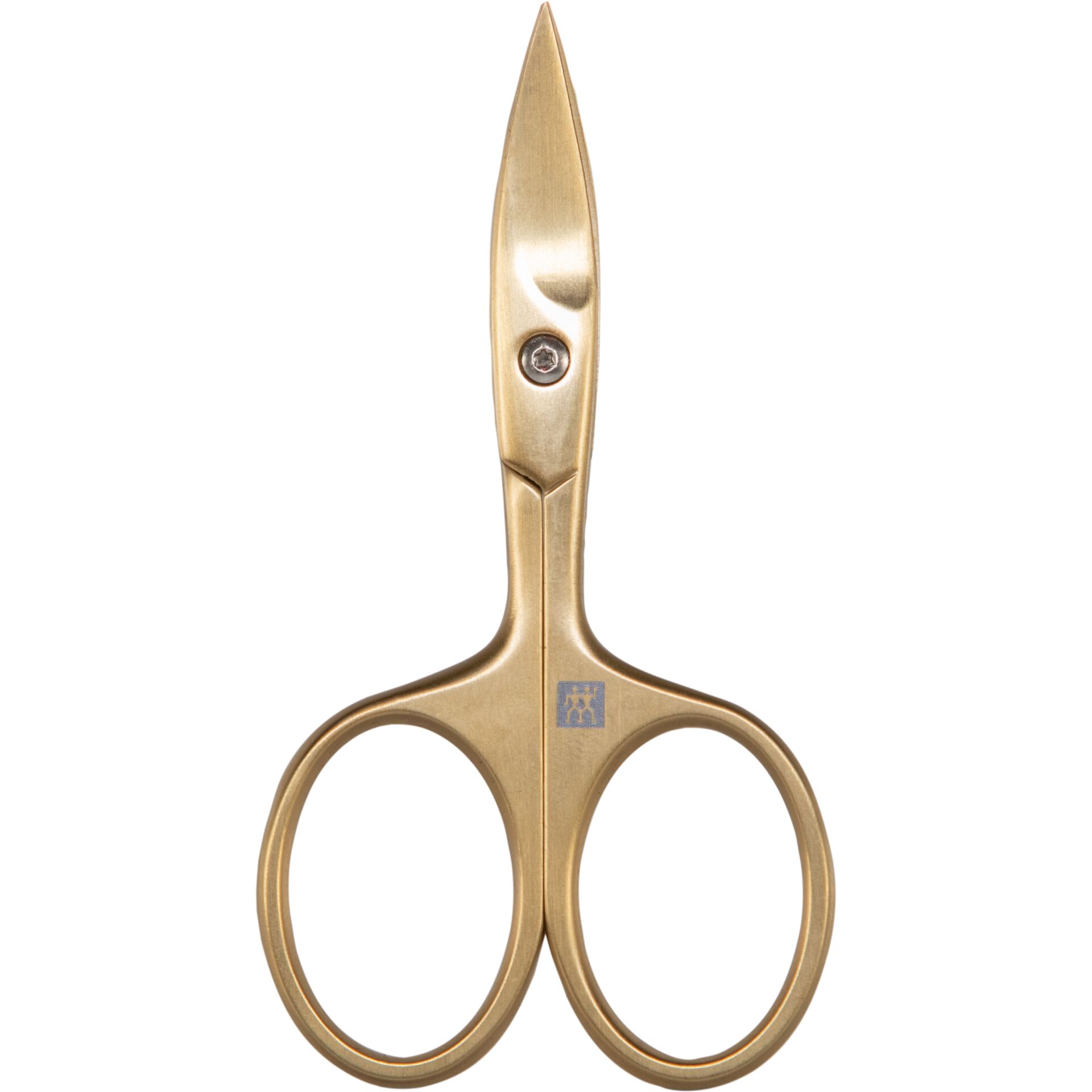 Stickschere, Metall, goldfarben, spitze Klingen, ovale Griffe