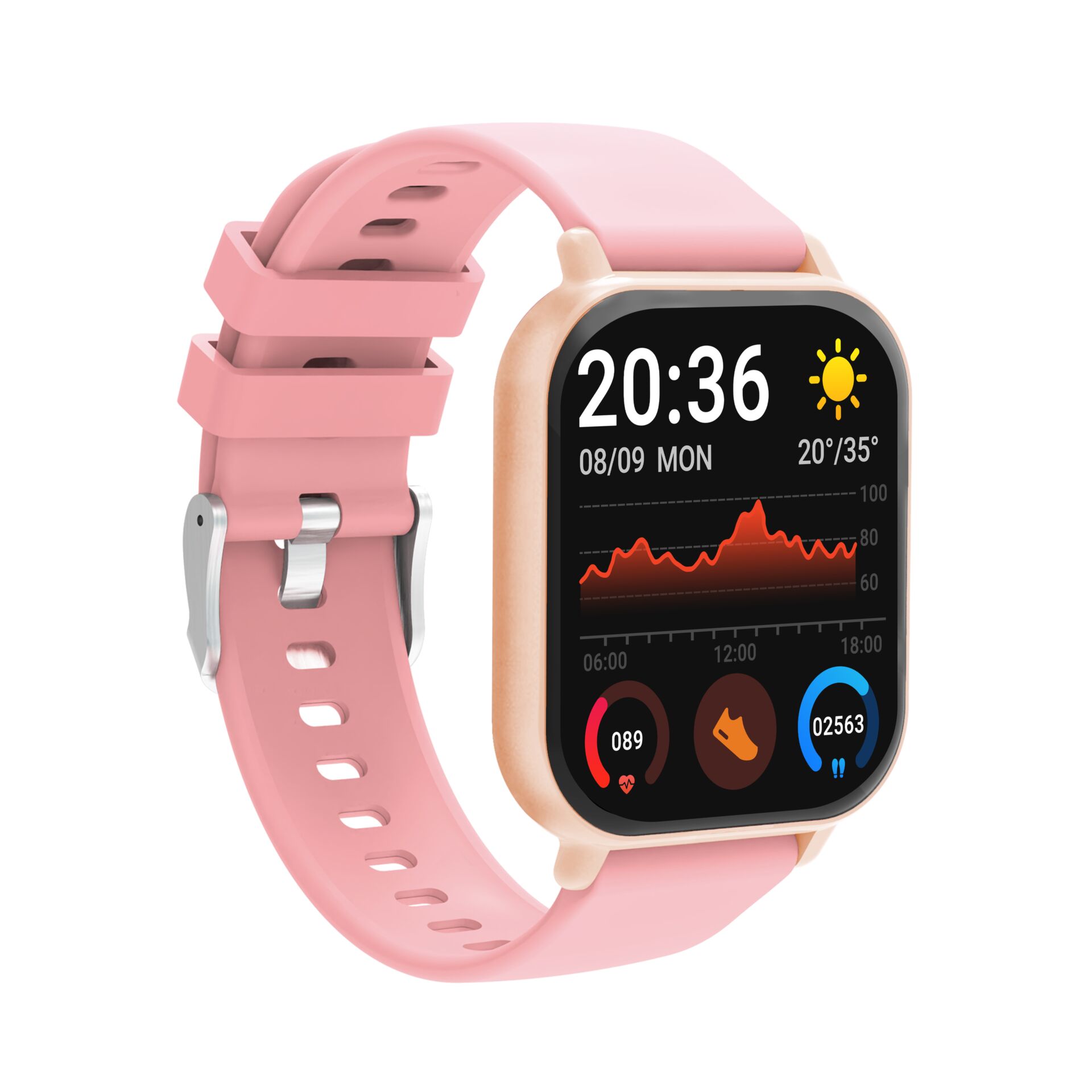Smartwatch, Pink band, Digital display, Square face, Fitness tracking