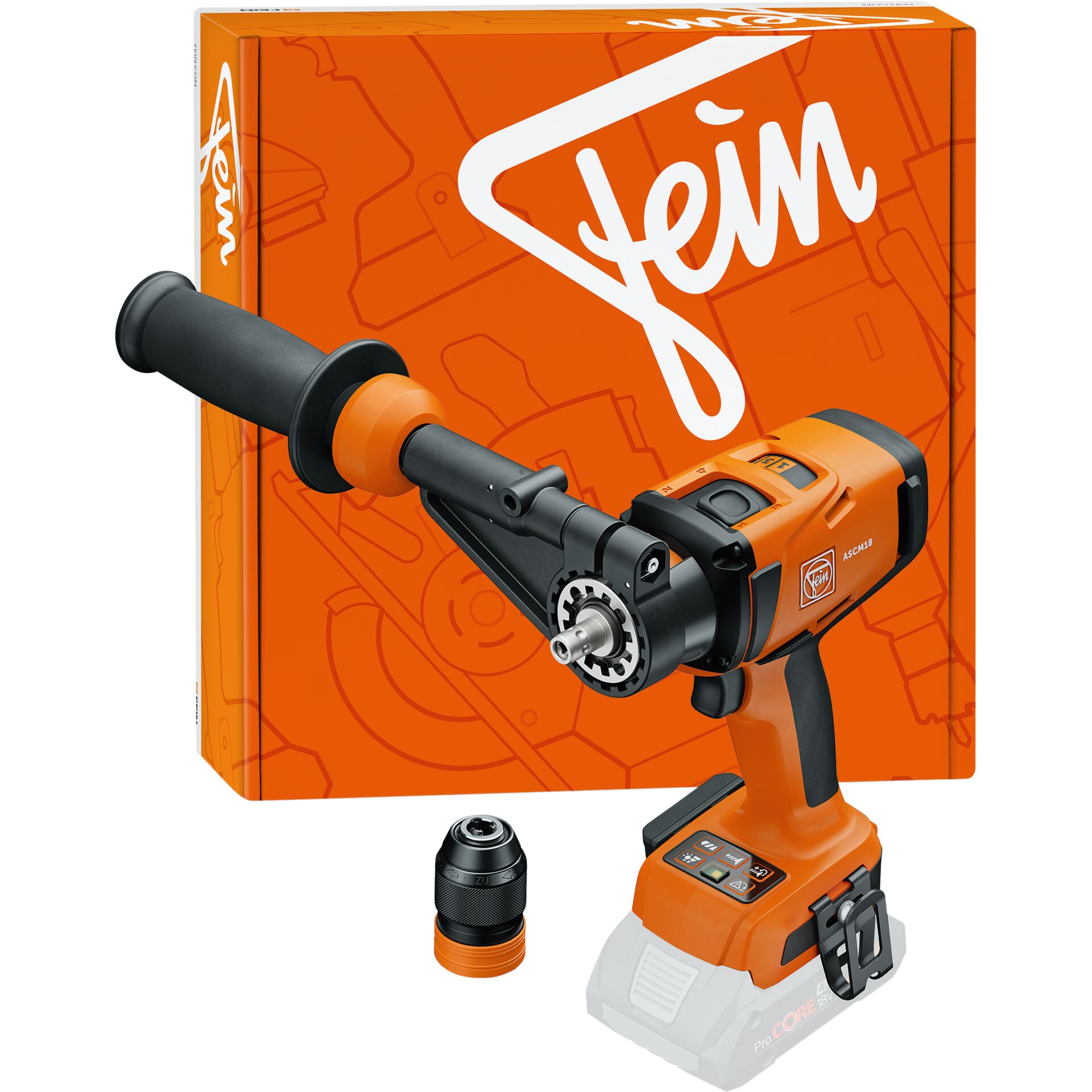 Akku-Bohrmaschine, Schlagschrauber, Kernbohrer, Gehäuse Orange, Wechsellager Adapter