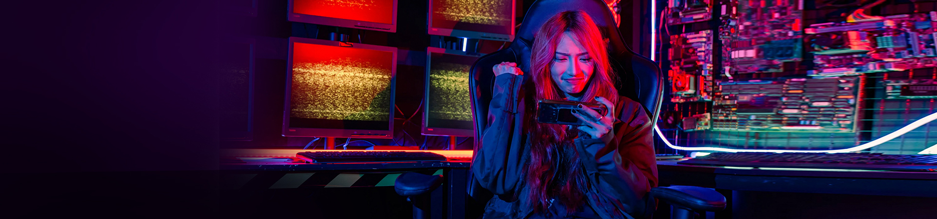 gaming chair, woman, gaming setup, neon lights, smiling woman