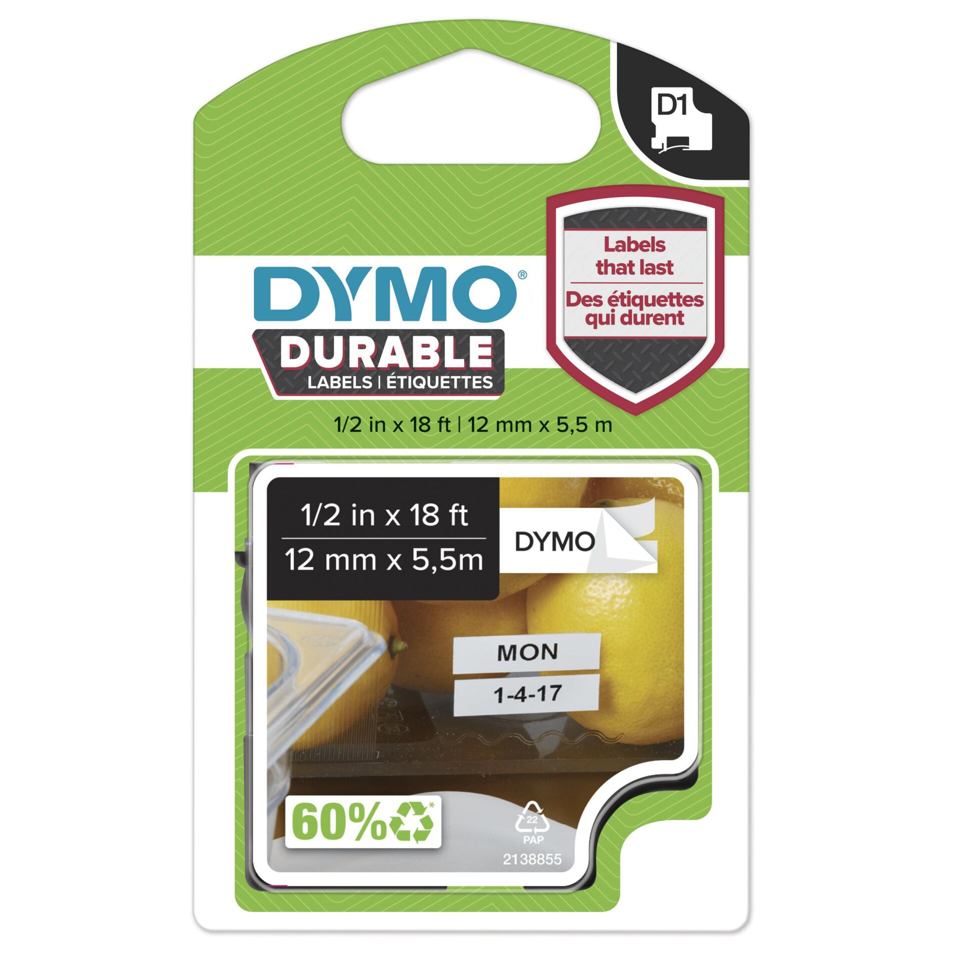 Dymo D1 Durable Labels  12 mm x 5,5 m black to white