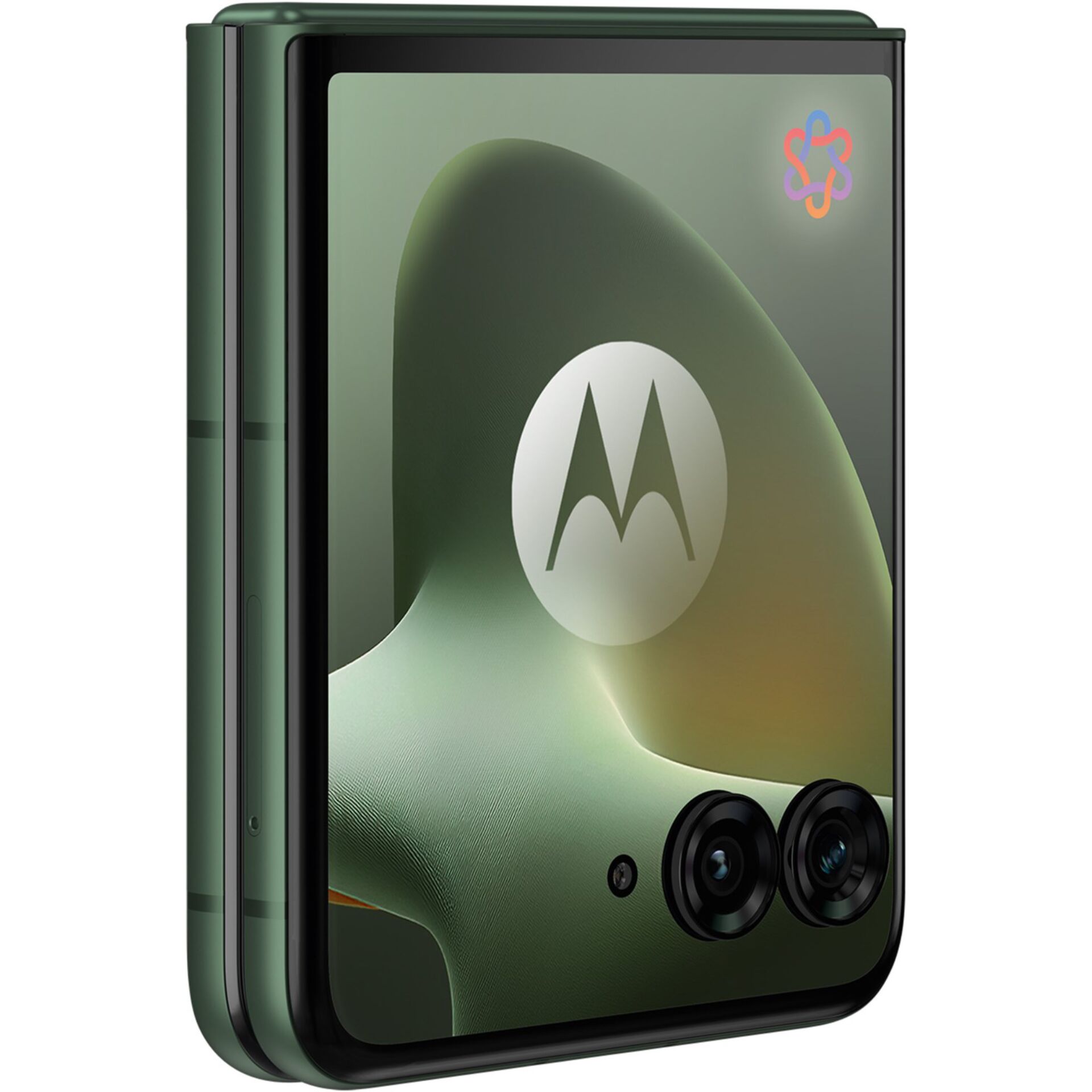 Foldable phone, Triple camera, Green color, Clamshell design, Motorola logo