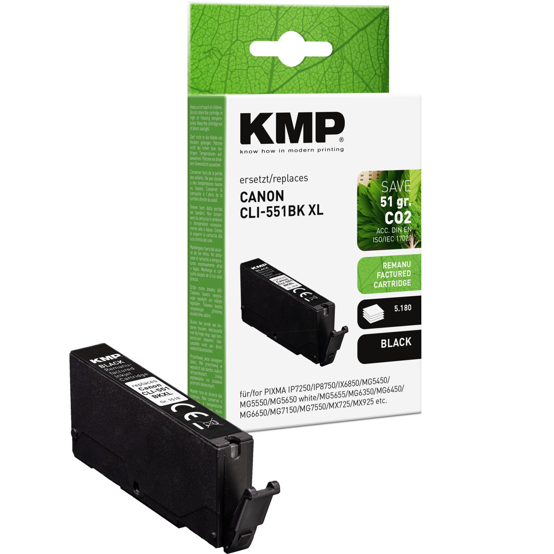 KMP ink black replaces  Canon CLI-551 BK XL 6443B001