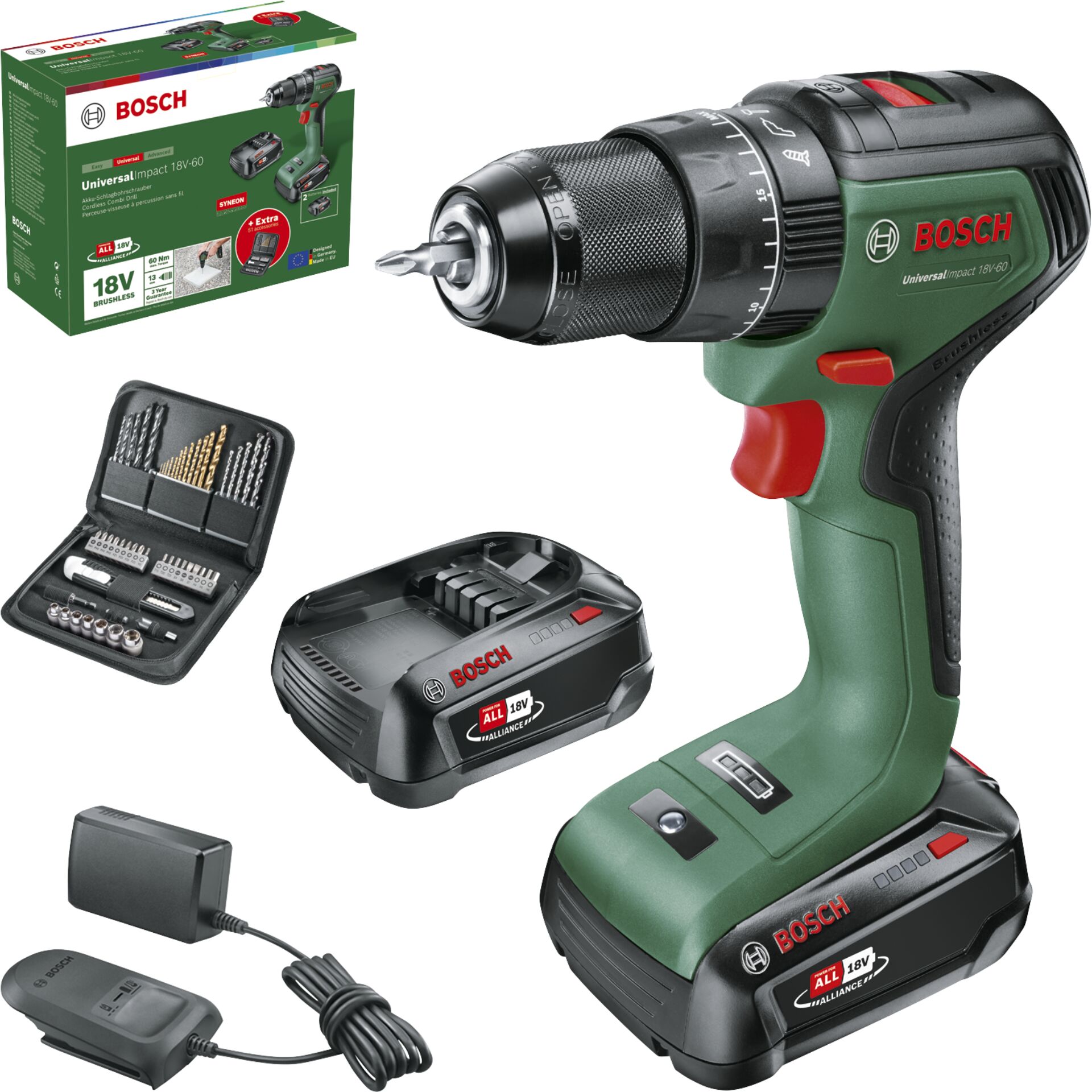 Schraubendreher-Bohrset, Akkuschrauber, 18V, Ladegerät, Bosch