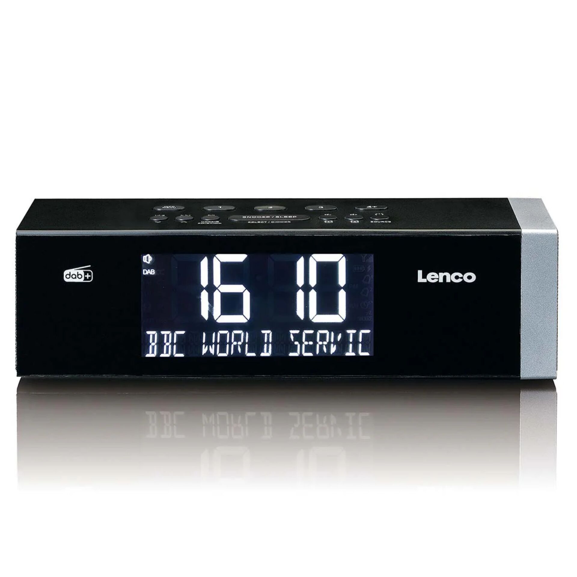 digital clock, alarm clock, LCD display, black silver, Lenco